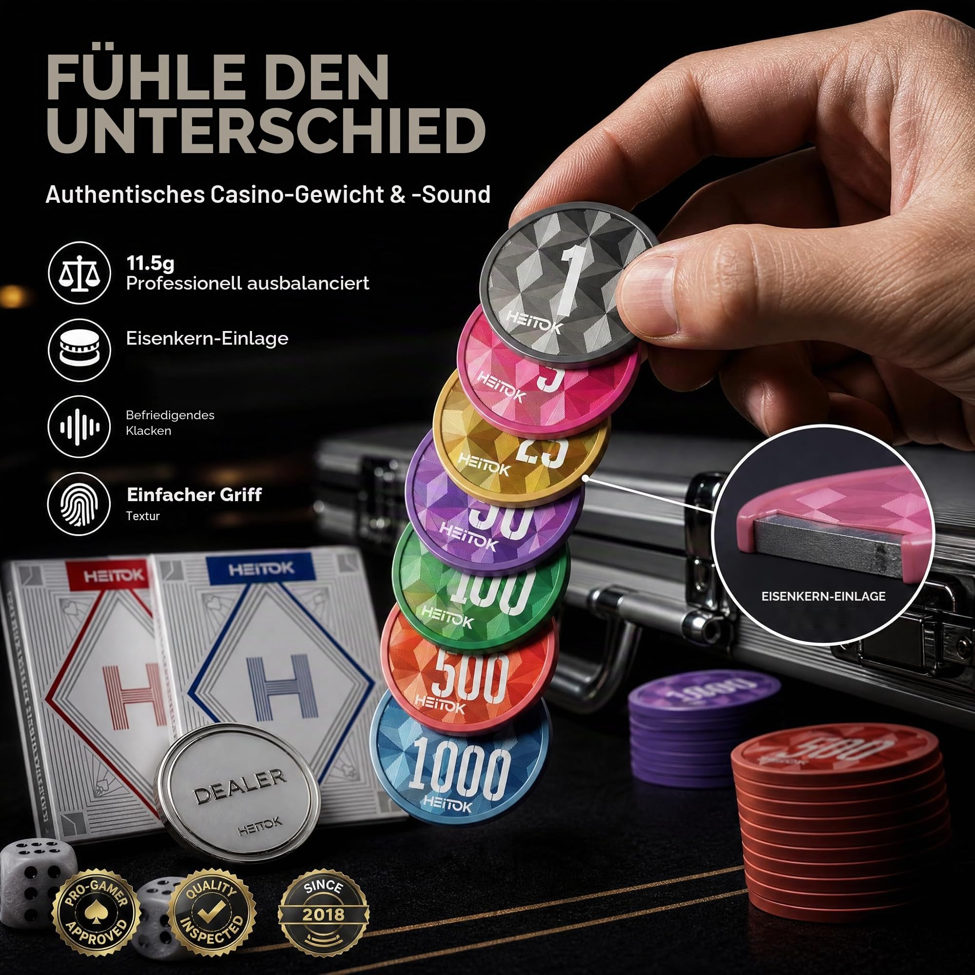 HEITOK Poker Set 1000 Chips – 11,5g ABS Pokerchips mit Werten – Robustes Set für Texas Hold'em & Casino Abende (Ohne Würfel) | 2-20 Spieler, gut lesbare Werte 1/5/25/50/100/500/1000, Diamantdesign, Karten, Würfel, Dealer Button, Blackjack