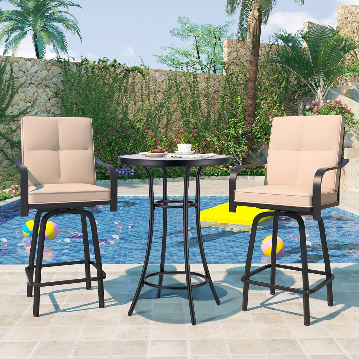 Bar Height Patio Glass Table, Outdoor Bar Height Glass Table, 2-Tier High Top Outdoor Table, Metal All-Weather Round Glass Table, Bistro Table Tempered Glass Top for Balcony Backyard Pool, Black : Patio, Lawn & Garden