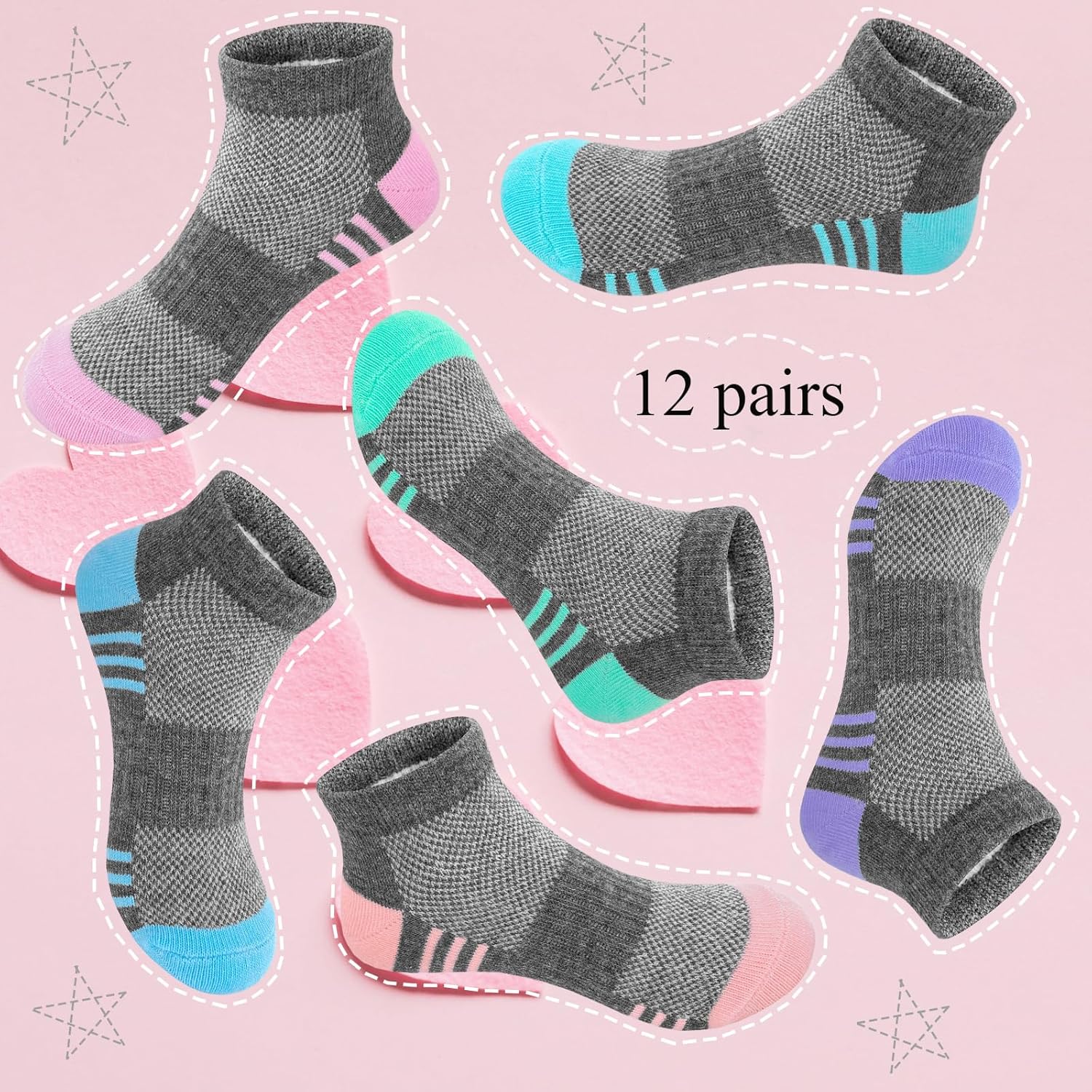 Bemeol Girls Socks 12 Pairs Kids Ankle Athletic Cotton Sports Low Cut Socks for Girl - Image 4