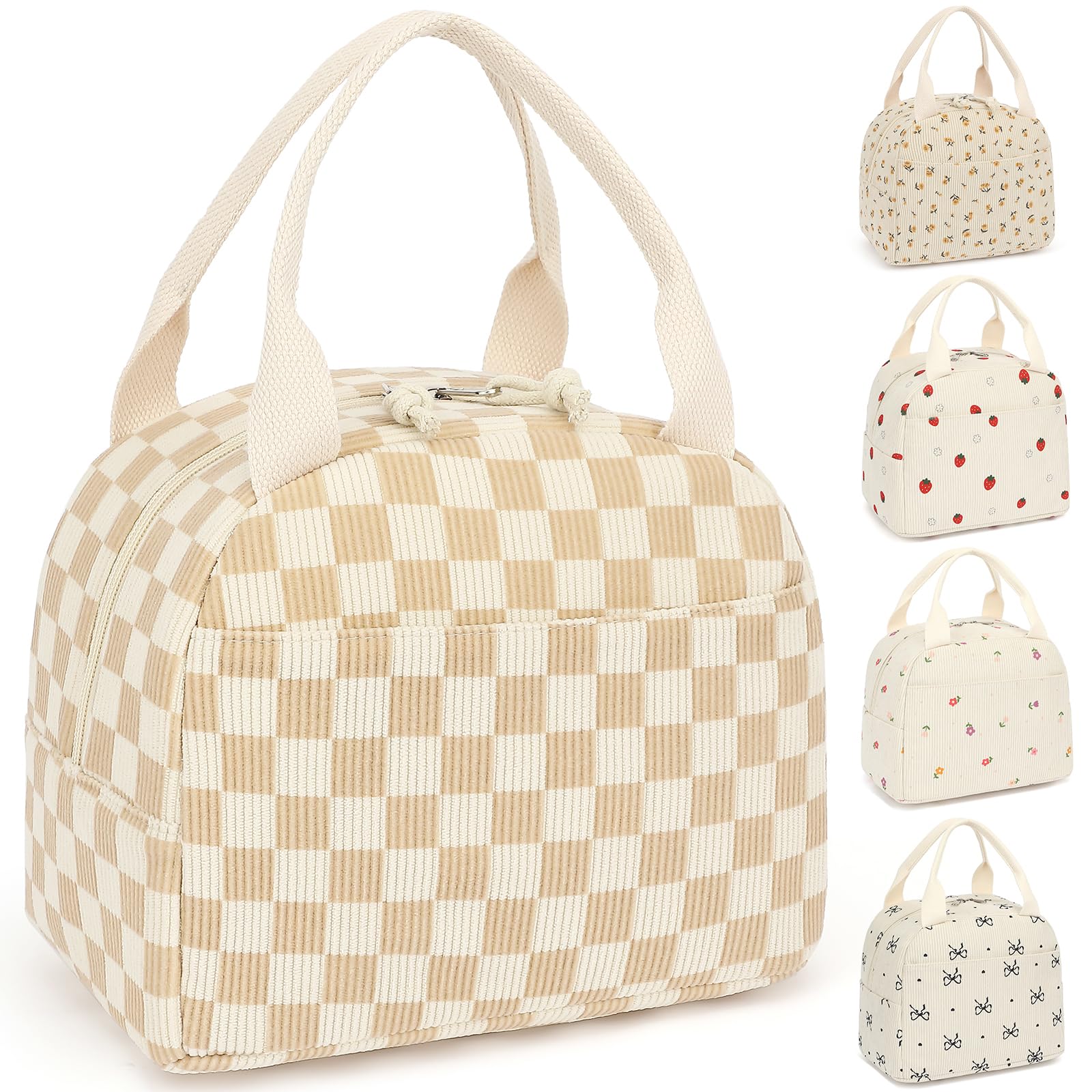 Lrenagao Lunch Box for Women Girls, Corduroy Lunch Bags Large Capacity Reusable Insulated Lunch Tote Bag for Work Picnic or Travel (Beige Checkered)