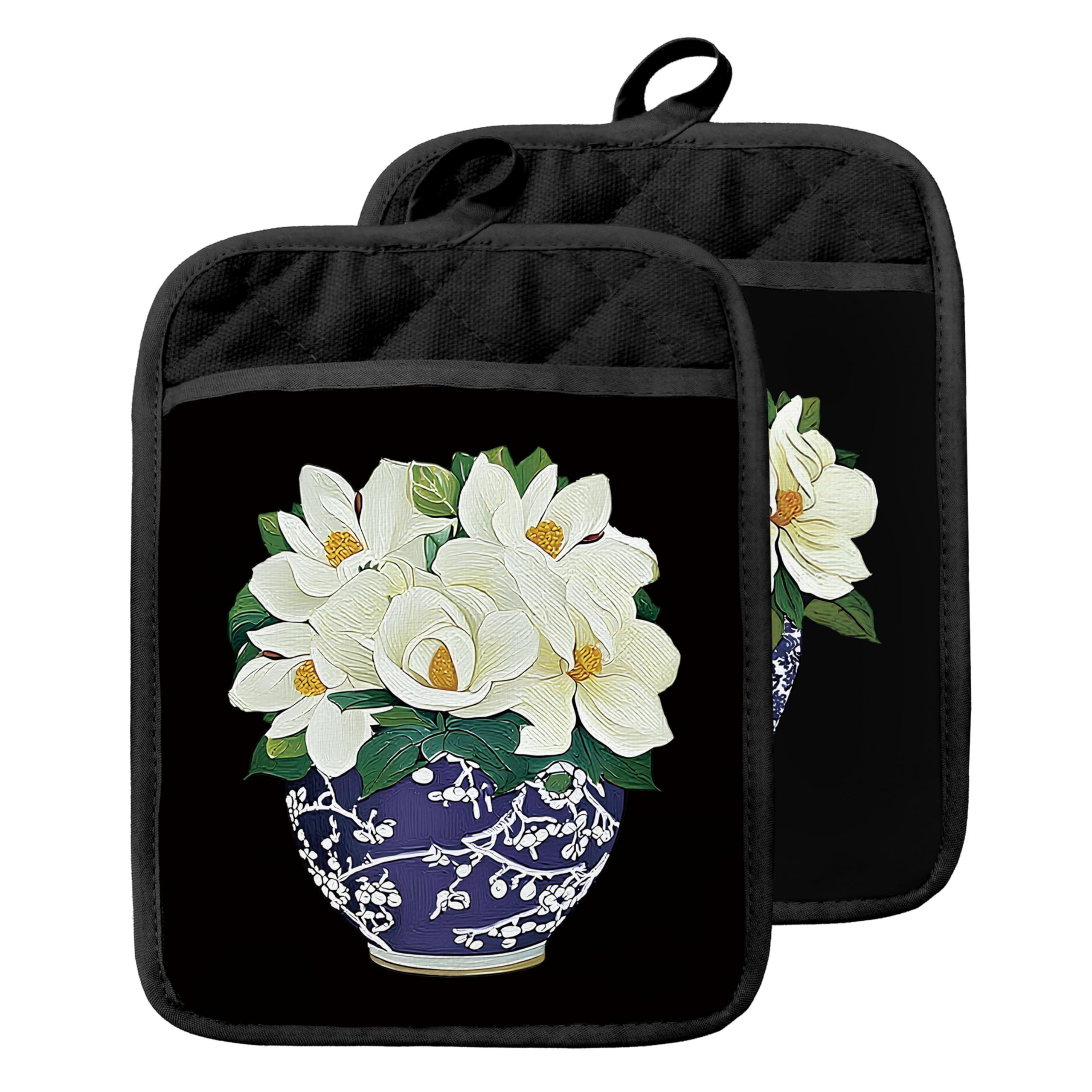 Maniques anti-chaleur à poches avec motif de magnolia vintage