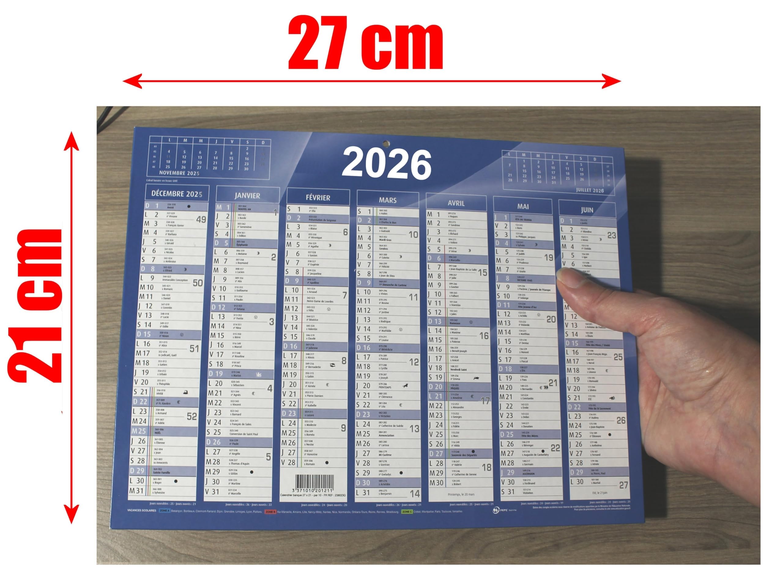 Lot De 10 Calendriers 2026 18 Mois - Janvier 2026 à Décembre 2026 - Format Banque 27x21cm Avec Vacances Scolaires - Fabriqué En France