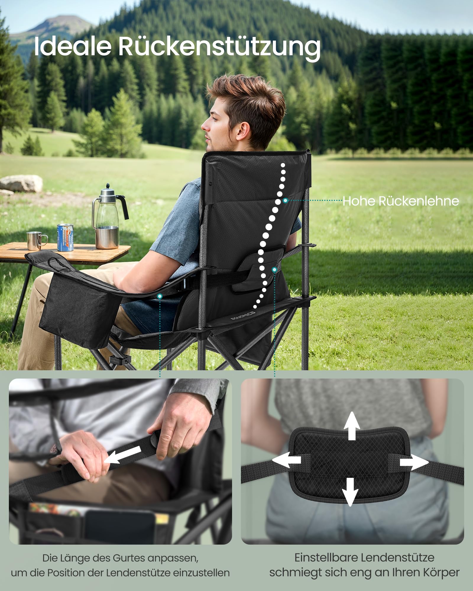 SONGMICS Campingstuhl, Klappstuhl mit Getränkehalter, Angelstuhl, Schaumstoffpolsterung, klappbar, bis 205 kg belastbar, Outdoor-Stuhl, hohe Rückenlehne