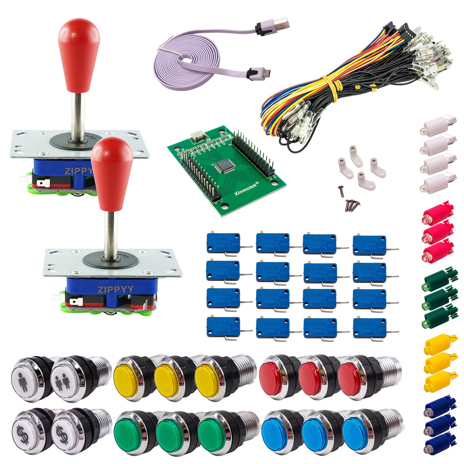 Kit Joystick e Pulsanti Arcade 2 Giocatori Luminosi Pulsanti Cromati Joystick Zippyy Asta Lunga Pera Carta XinMoTek Videogiochi Retro Gaming