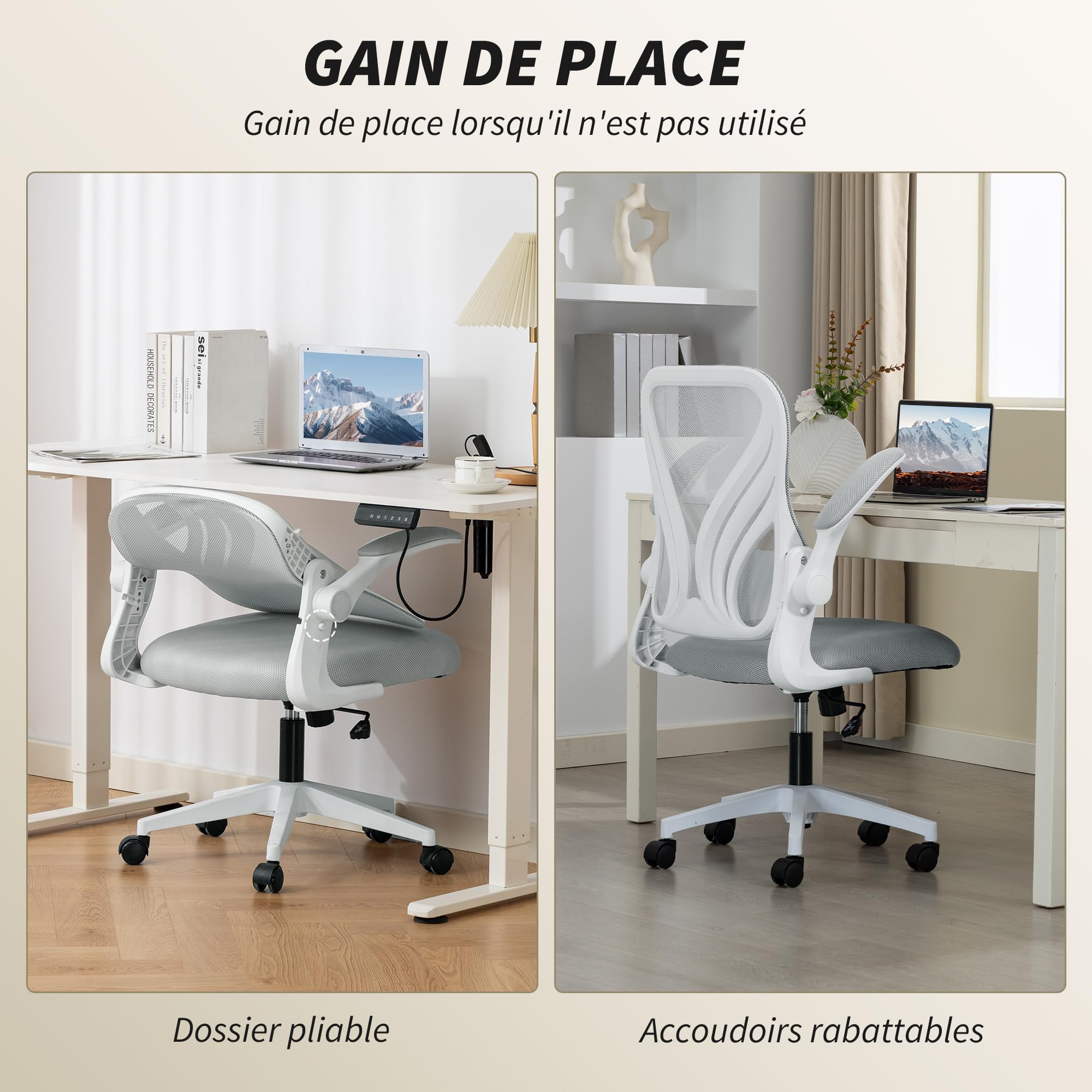 HOMCOM Chaise Bureau Ergonomique Dossier Rabattable Gris Clair