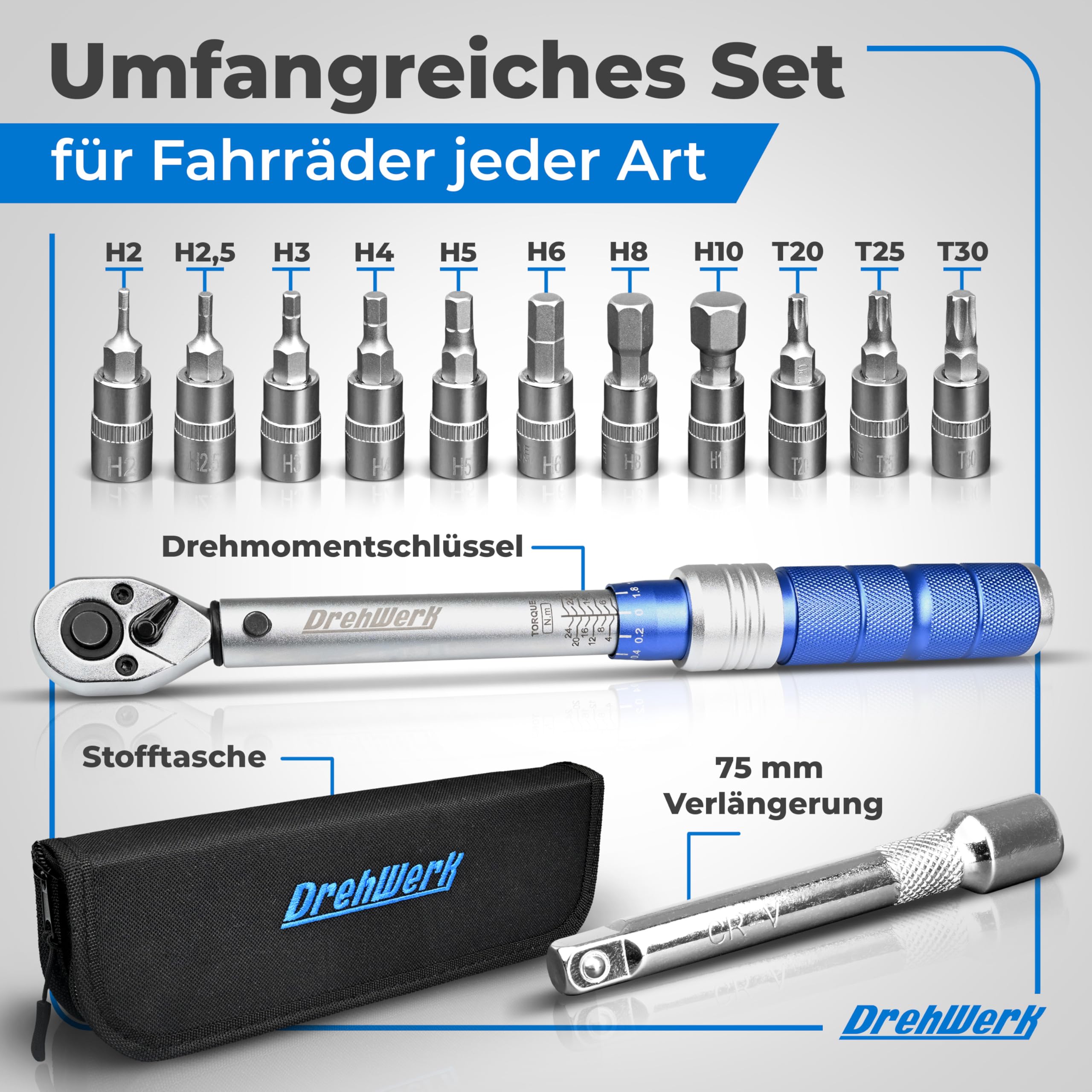 Generisch Drehmomentschlüssel Fahrrad – Drehmomentschlüssel 1/4 2-26Nm für Rennrad/E-Bike/MTB Drehmomentschlüssel klein inkl. 11 Bits und Textilbox