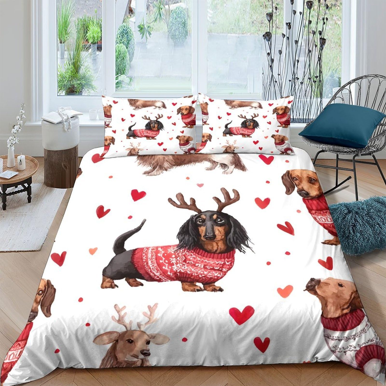 Ctjqhvkz Style-8 3D Printed Dachshund Dog Hearts Fitted Sheet Microfiber Anti-Slip Bed Cover For Bedroom Guest Room Machine Washable Decor Single（135X200cm）