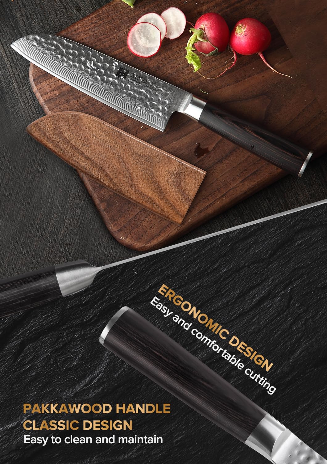 XINZUO 17,6cm Damaststahl Santokumesser Profi Kochmesser,Ergonomischer Griff aus Pakkaholz mit Hirnholz-Schneidebrett Akazienholz(35x25x2.6cm), rutschfesten Füßen, eingebauten Griffen und Saftrille