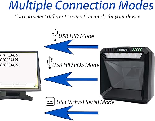 Miniatura 5 de TEEMI Escáner de código de barras manos libres QR 2D Sensor de alta resolución de un megapíxel con obturador global, puerto COM virtual con cable