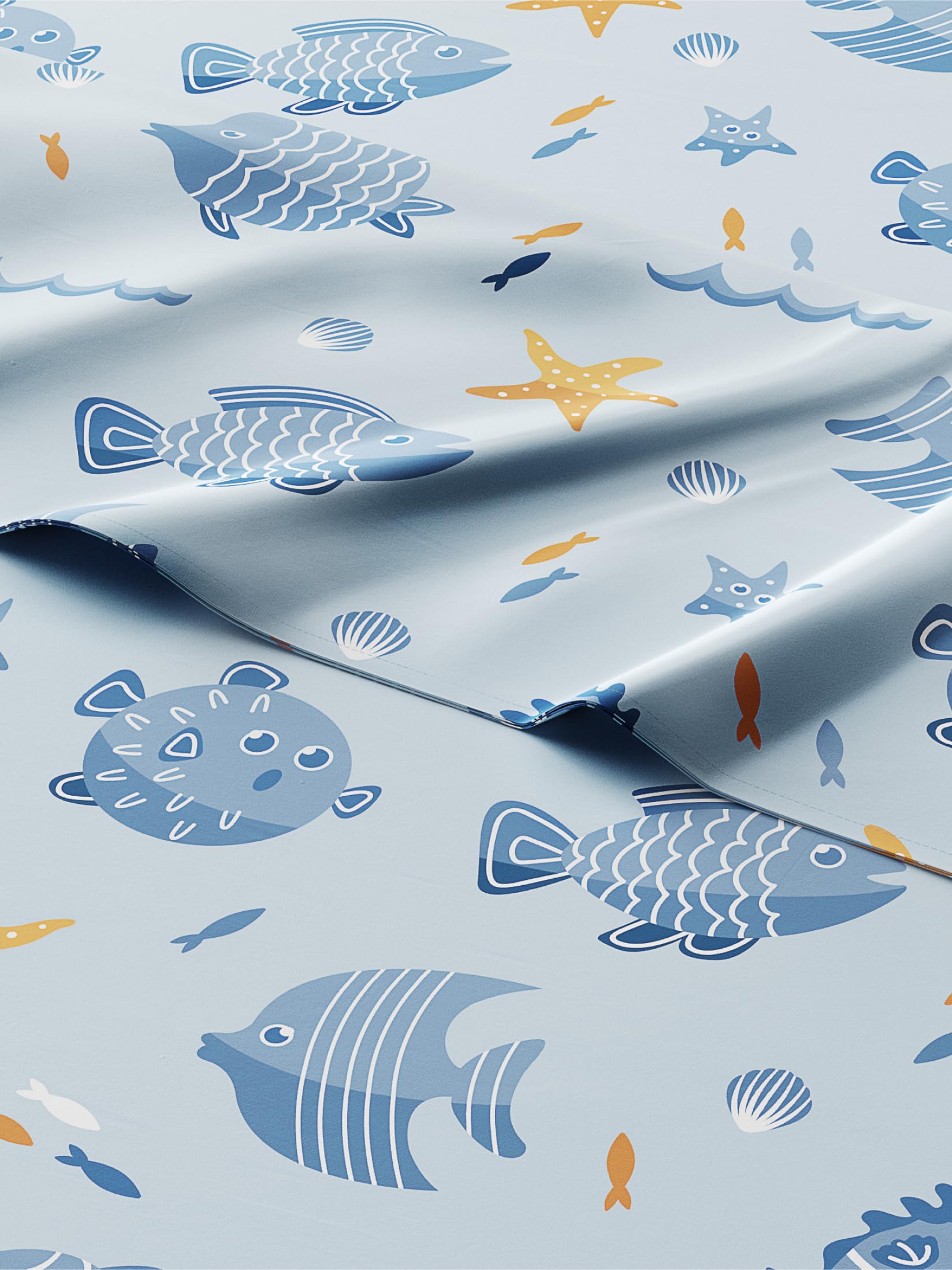 Kids Queen Size Blue Fish Bed Sheets - 4 Piece Kids Blue Fish Sheet Set