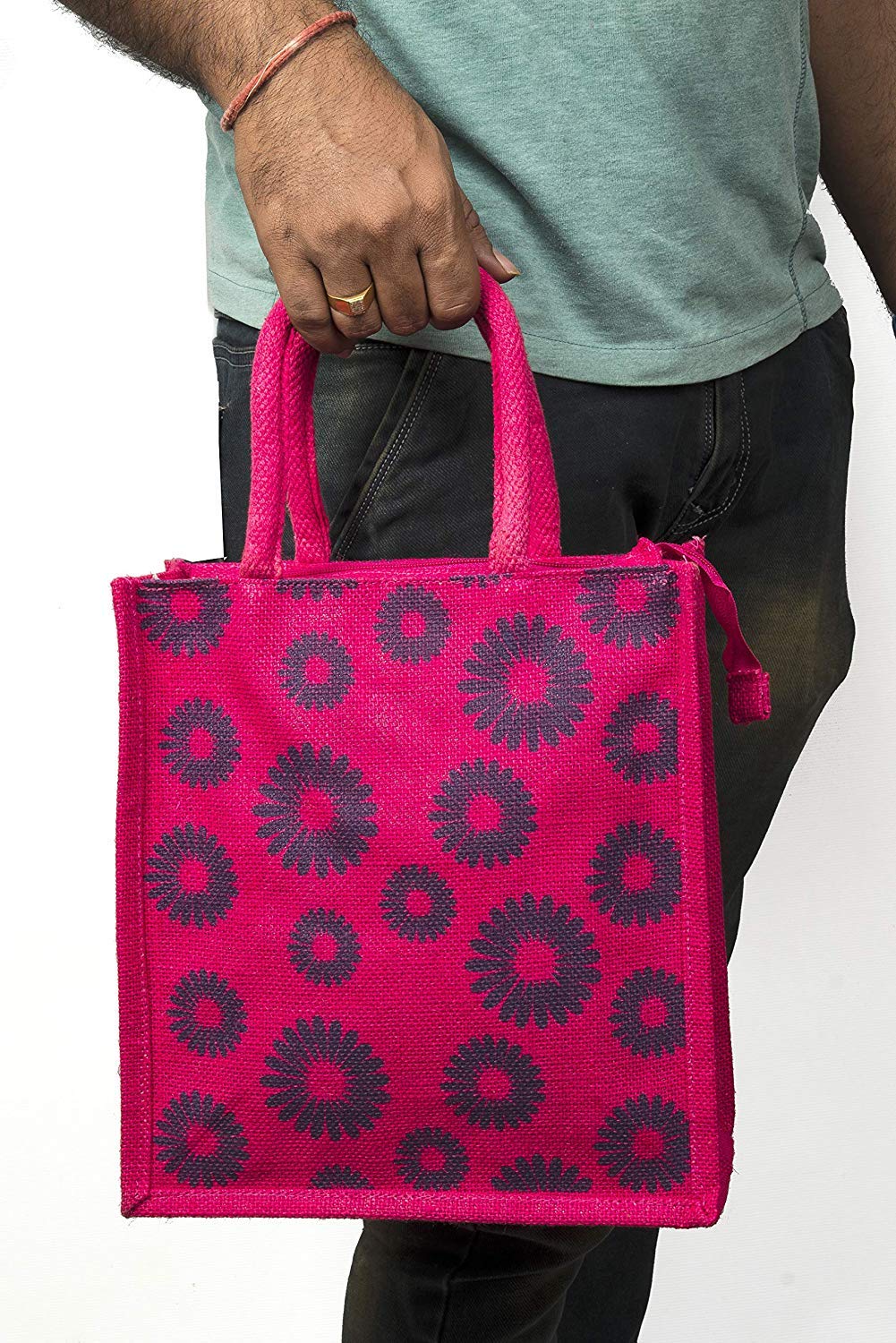 RSN Reusable Printed Jute Lunch Bag for Men, Women & Girls (Pink) 2