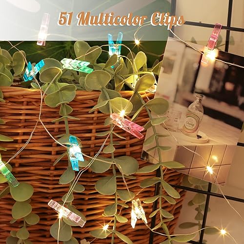 Miniatura 4 de Guirnalda de luces con clips para fotos, guirnalda de luces con 51 clips transparentes, funciona con pilas, con clips para imágenes, decoración de