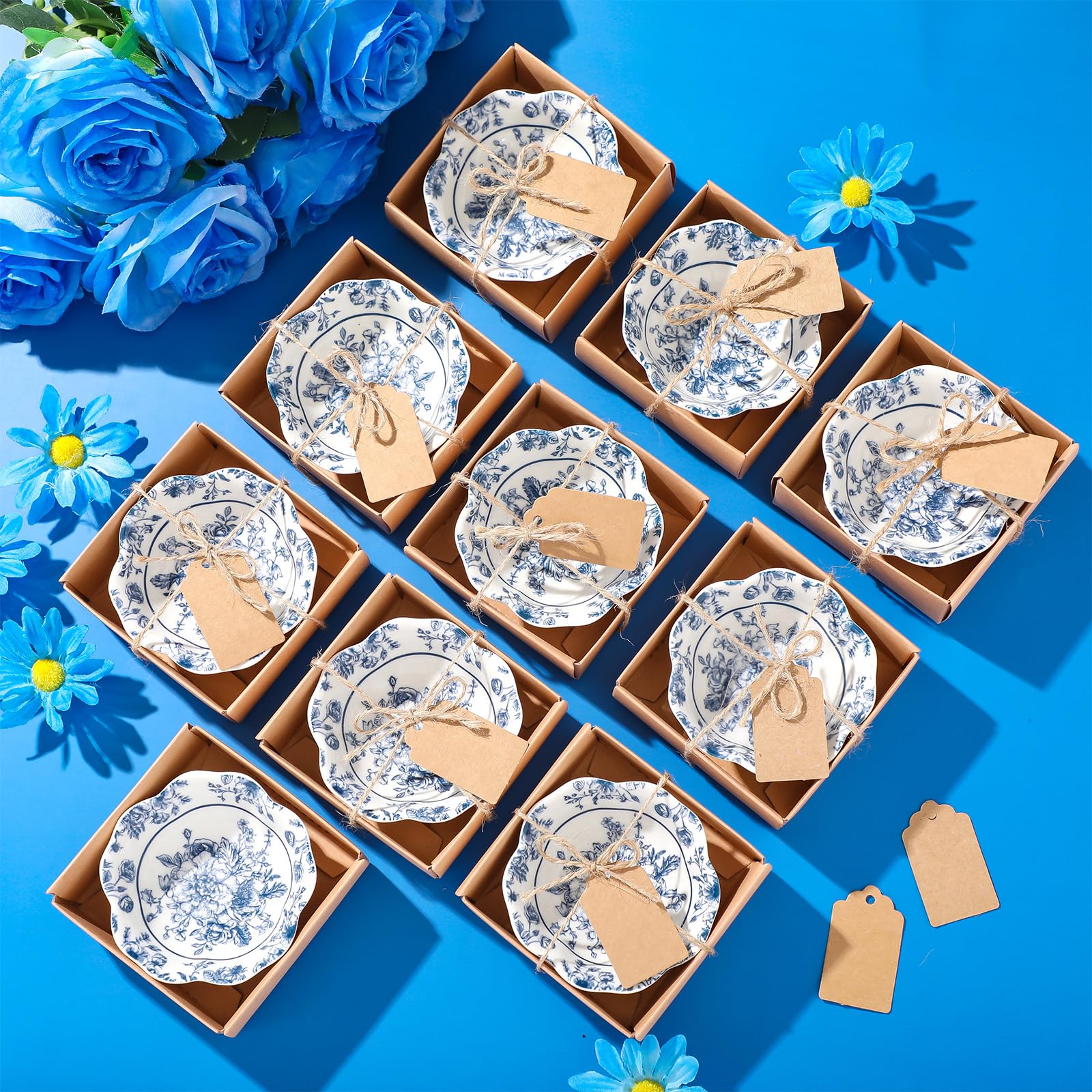 Photo 1 of SiliFine 48 Pcs Wedding Favors for Guests Small Ceramic Bowl Bulk Gifts Set 3.3 Inch Floral Design Mini Dipping Sauce Dish with Card Box for Bridal Pooja Baby Shower Birthday (Flower,Blue)
