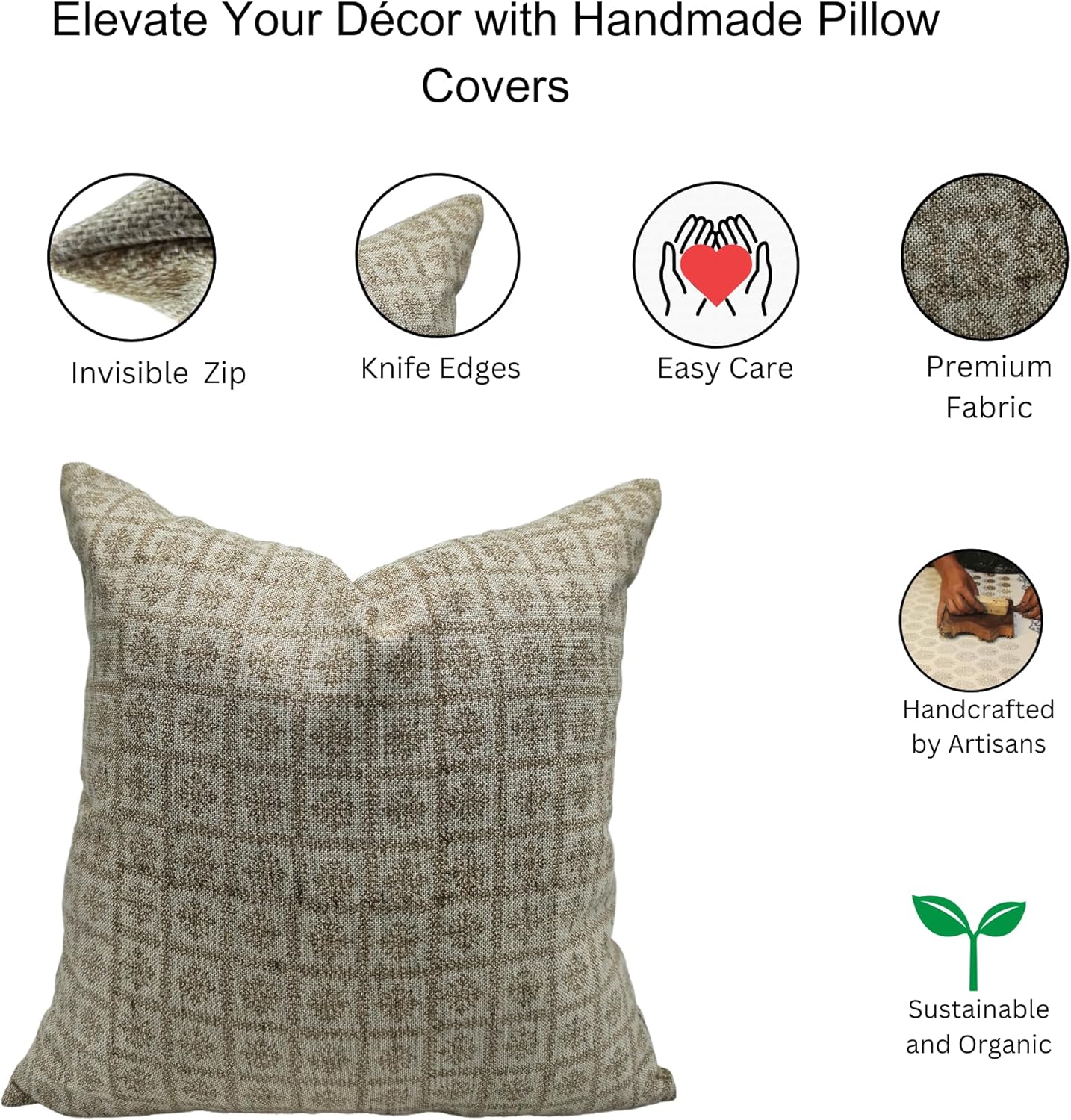 Handmade Block Print Linen Blend 26x26 InchThrow Pillowcase Cushion Cover with Hidden Zipper Decor for Sofa, Bed and Couch, Farmhouse (Chopad-Brown)