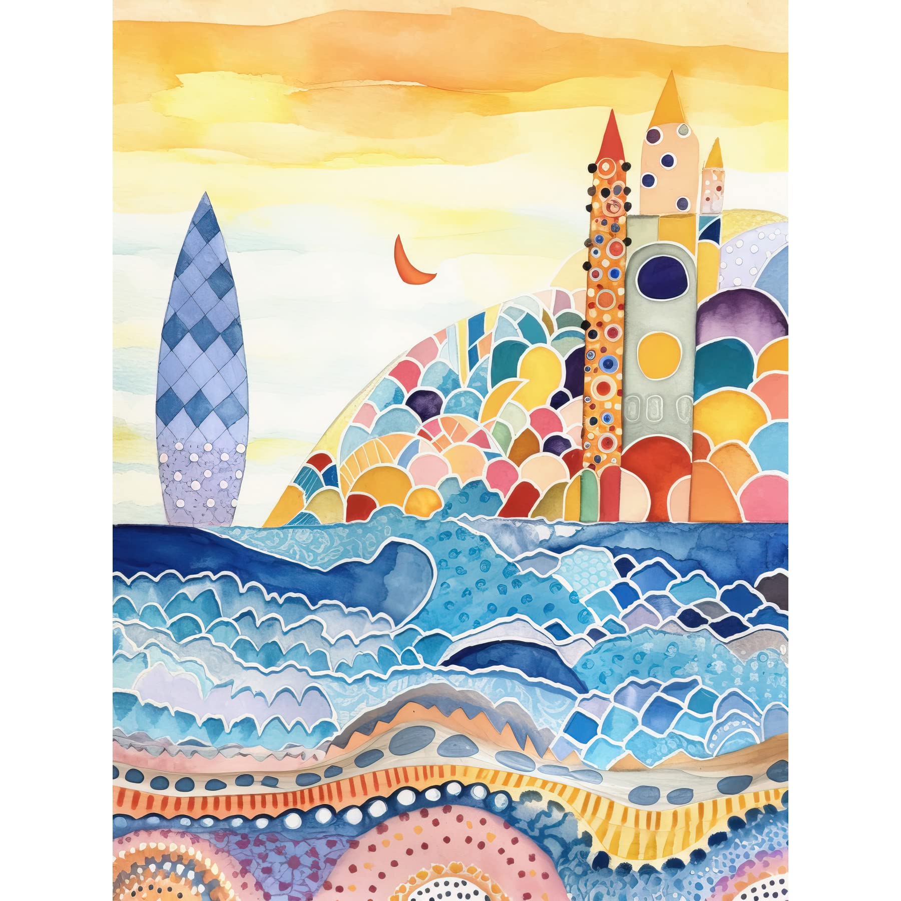 Artery8 Abstract Seascape Waves On Beach Folk Art Bathroom Large Wall Art Poster Print Thick Paper 18X24 Inch