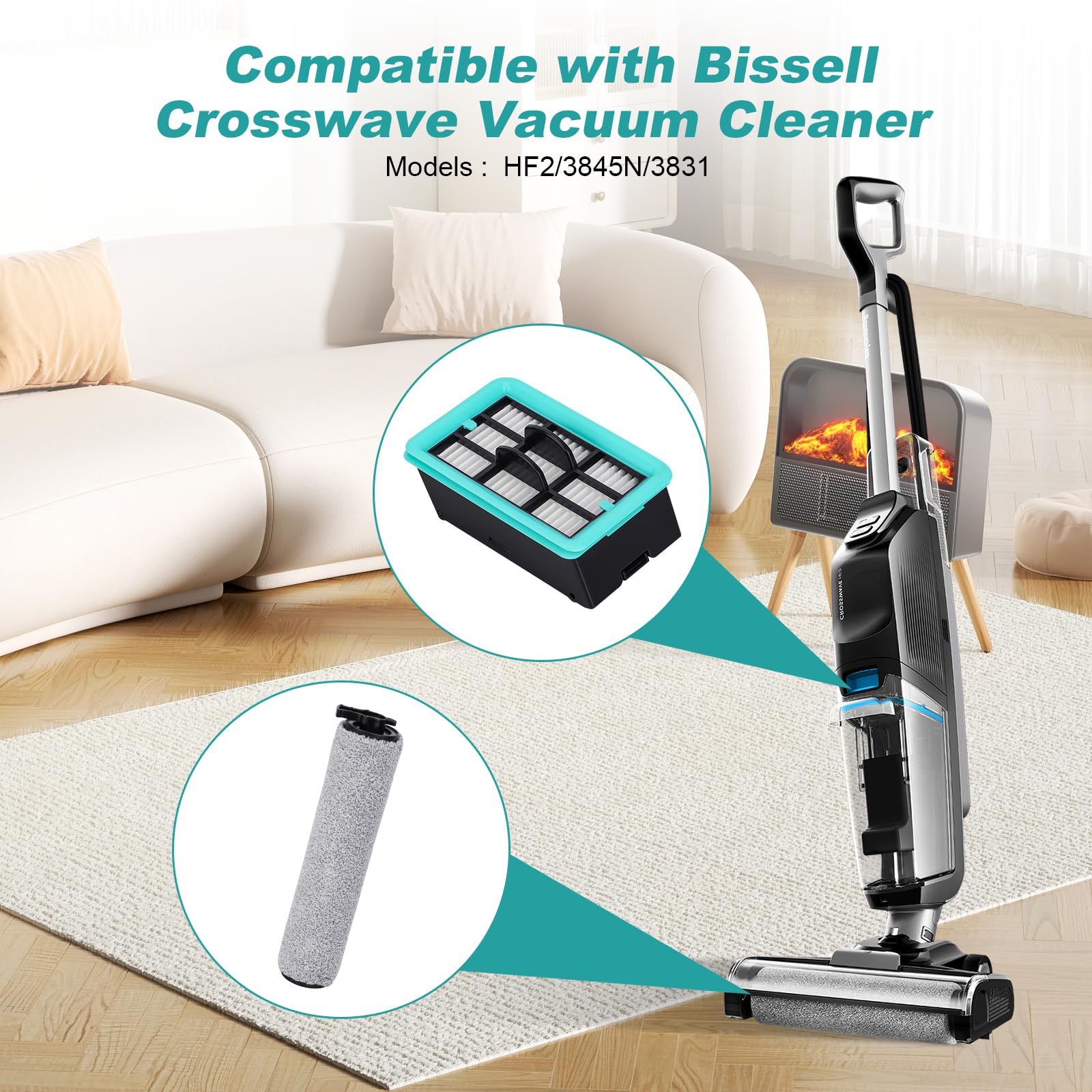 JoaSinc Accessory Kit Replacement for Bissell Crosswave Hard Floor Expert Vacuum 3831: Bissell CrossWave HF2 3845 3847 3848 Refills Accessory Kit,Reusable & Washable 3 Brush Rollers & 2 Filters