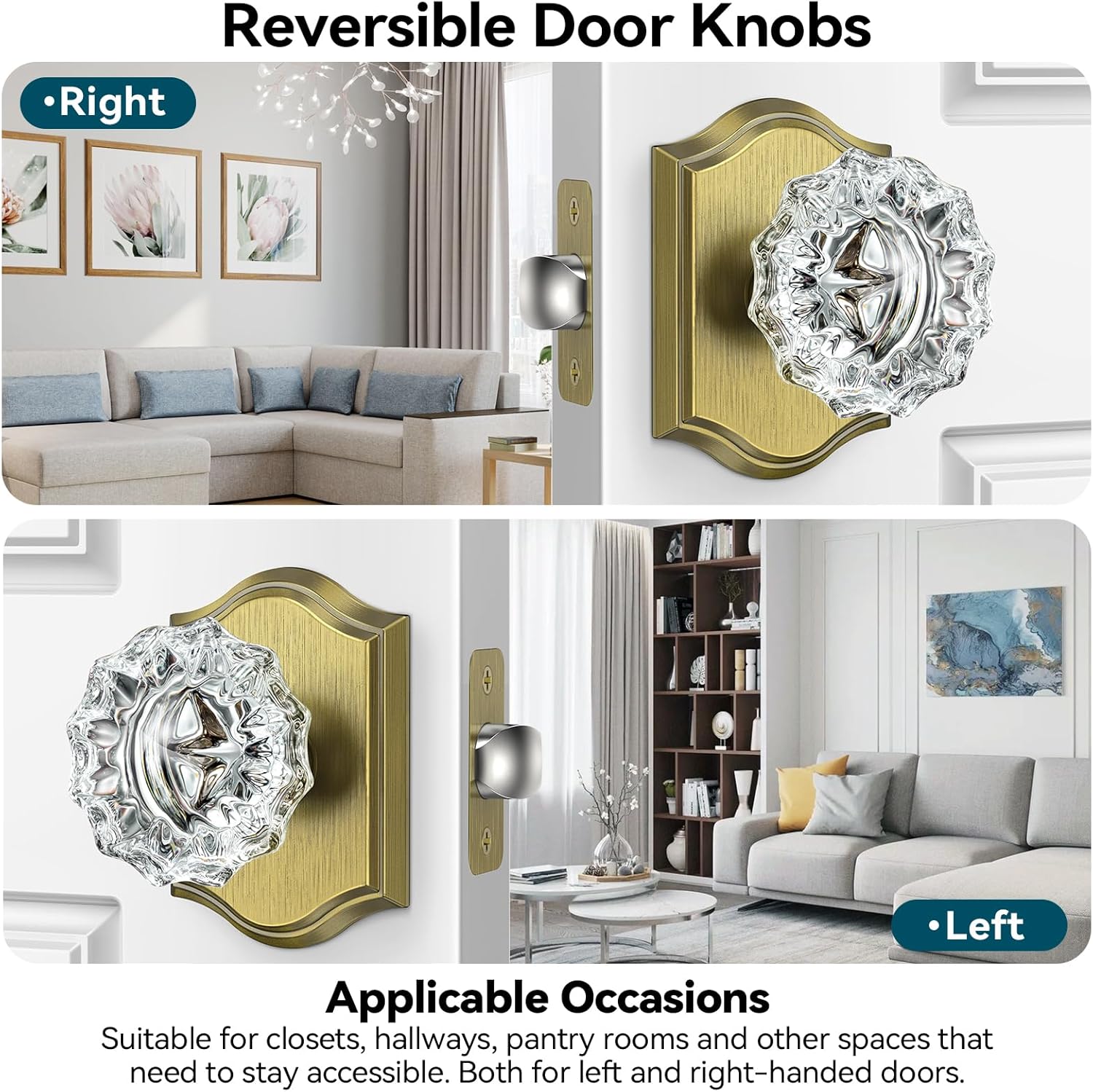 Passage Glass Crystal Door Knobs, 5 Pack Antique Brass Crystal Knobs for Hall and Closet, Vintage