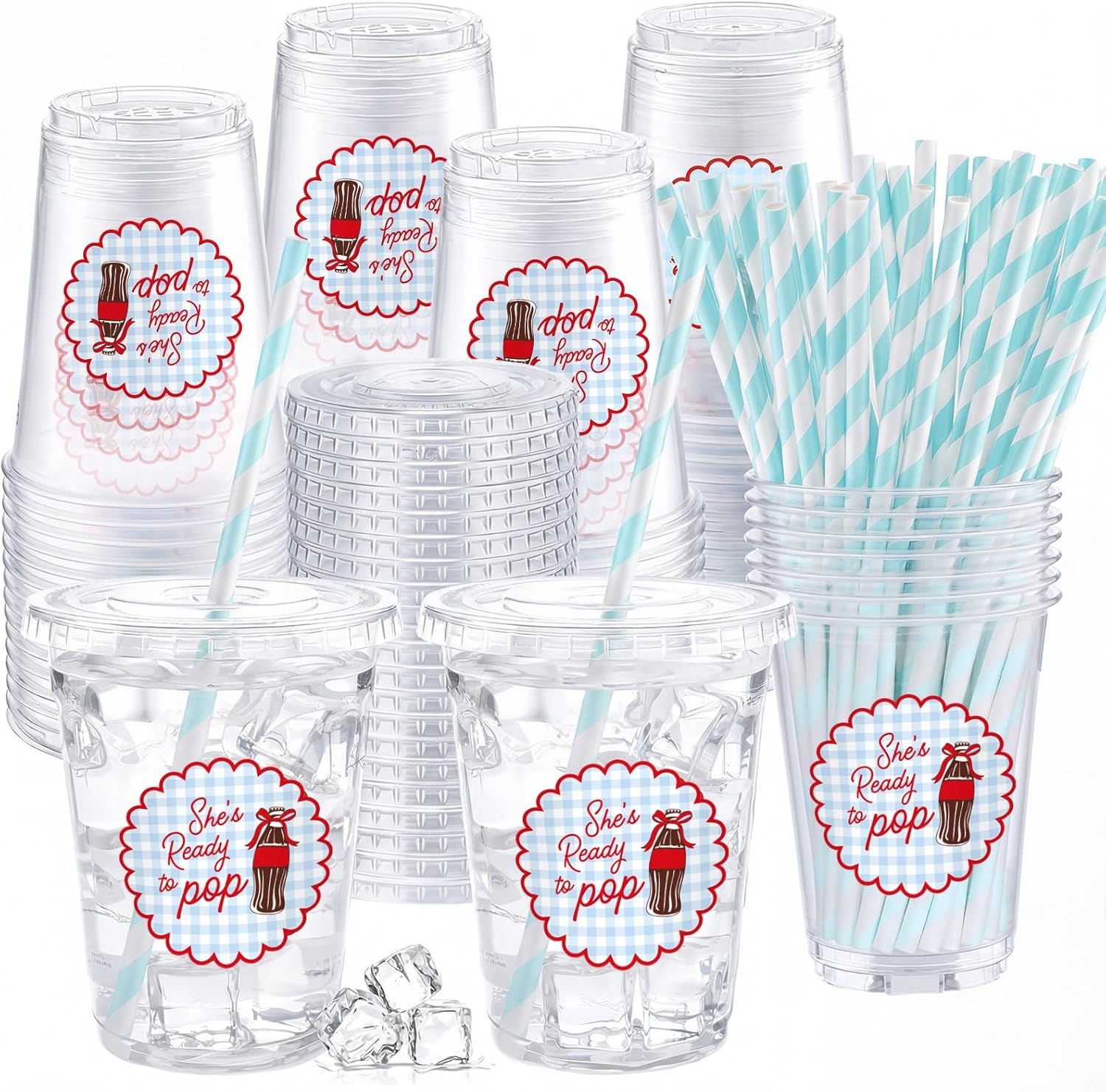 Willinglong 50pcs She's Ready to Pop Baby Shower 12 oz Disposable Plastic Cups with Straws for Soda Theme Boy or Girl Gender Reveal Pregnancy Bachelorette Party Supply (Blue)