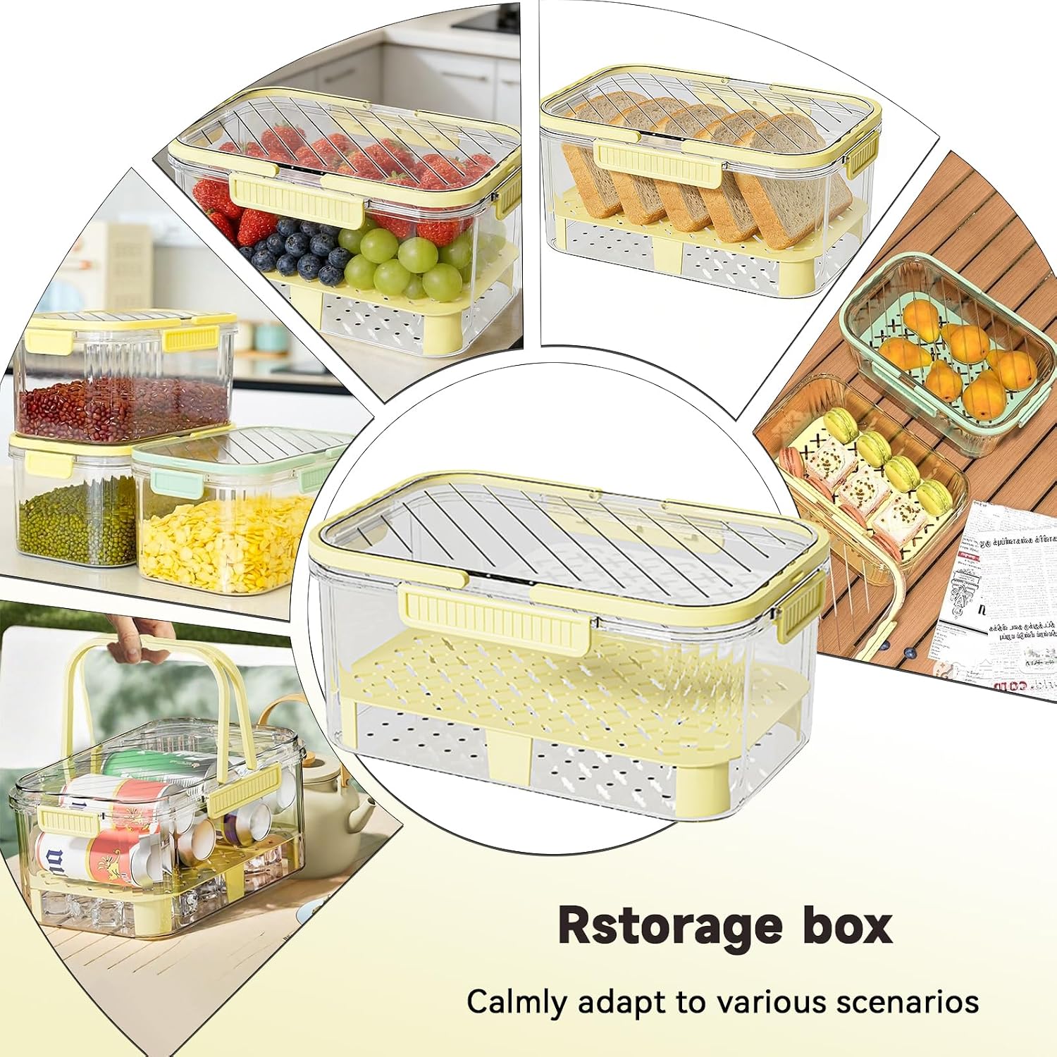 JINGYAN Transparent Food Storage Container with Detachable Drain Rack | Transparent Snap-Cap Lid, Handheld Design Stackable for Space-Saving Suitable for Fruits, Vegetables, and Fridge