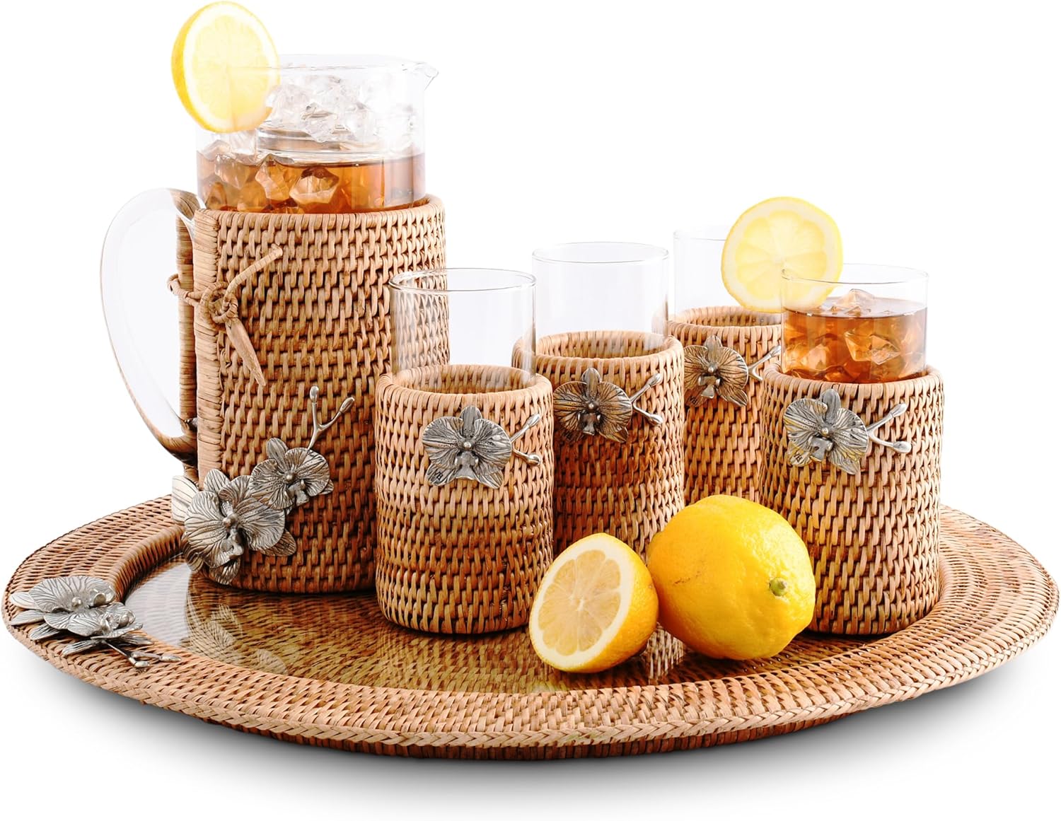 Vagabond House Large Handmade Round Basket Tray - Natural Wicker Ratan Trays with Glass Insert, Orchid Pewter Detail - Ideal Wicker Tray for Ottoman Coffee Table Serving