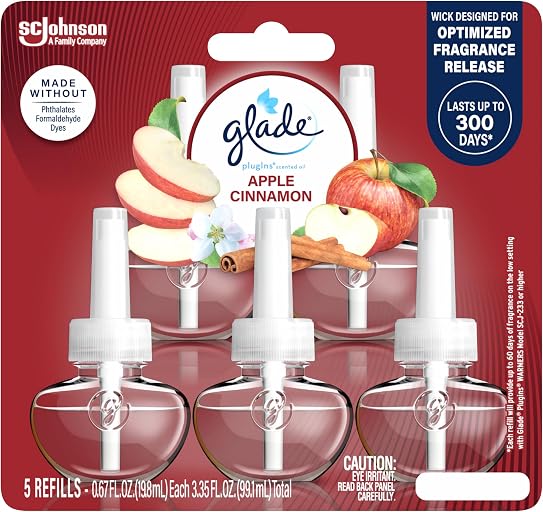 Glade PlugIns Refills Air Freshener, Scented and Essential Oils for Home and Bathroom, Apple Cinnamon, 3.35 Fl Oz, 5 Count