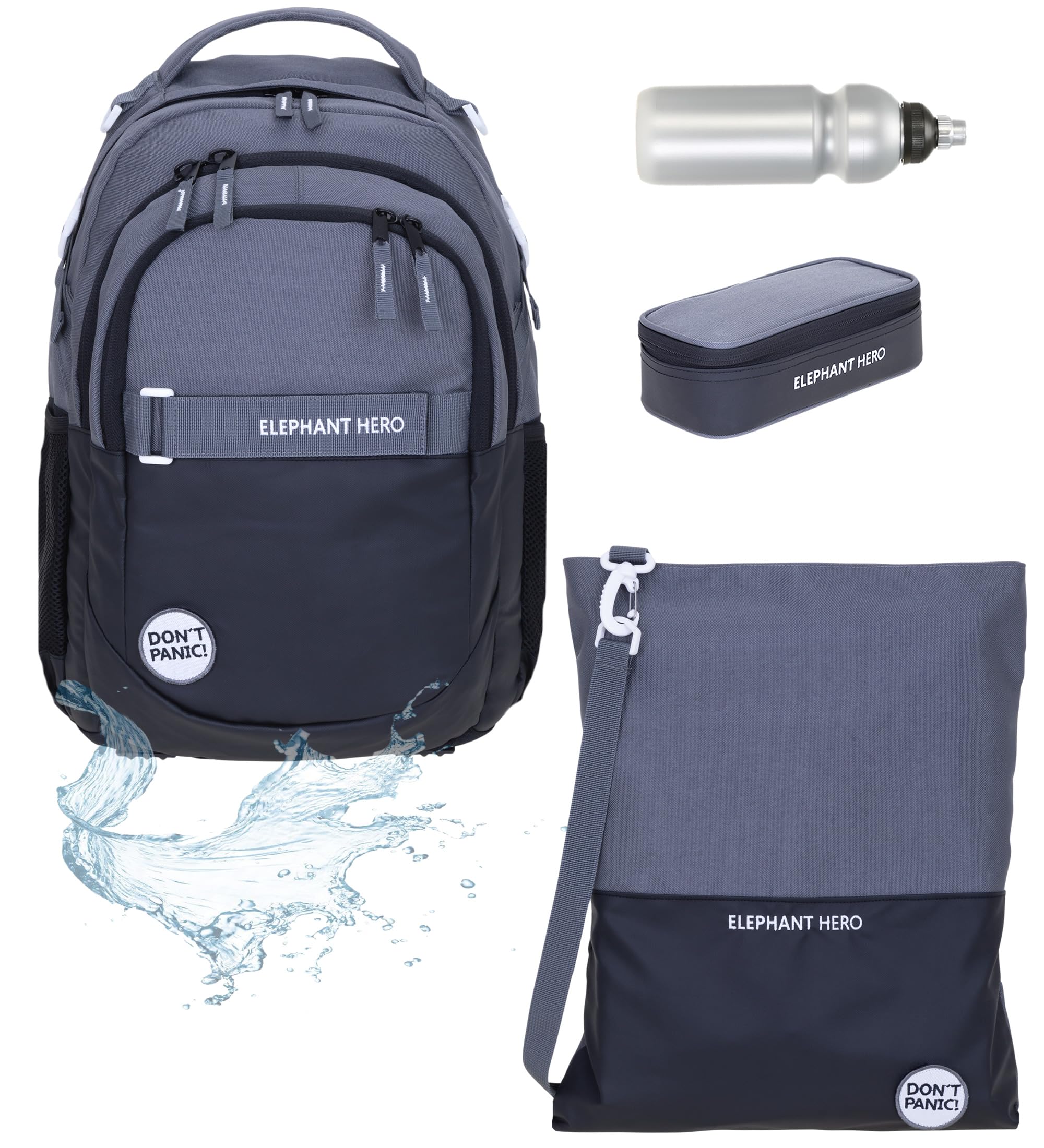 Elephant Schulrucksack 4 Teile Set Hero Rucksack 13047 CB Schwarz rtmf | Signature Jungen Mädchen Schultasche mit Sportbeutel Turnbeutel Mäppchen Flasche Anthrazit