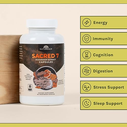 Miniatura 4 de Naturealm Sacred 7 cápsulas de extracto de hongos orgánicos y suplemento de hongo de melena de león, apoyo orgánico para la concentración, la