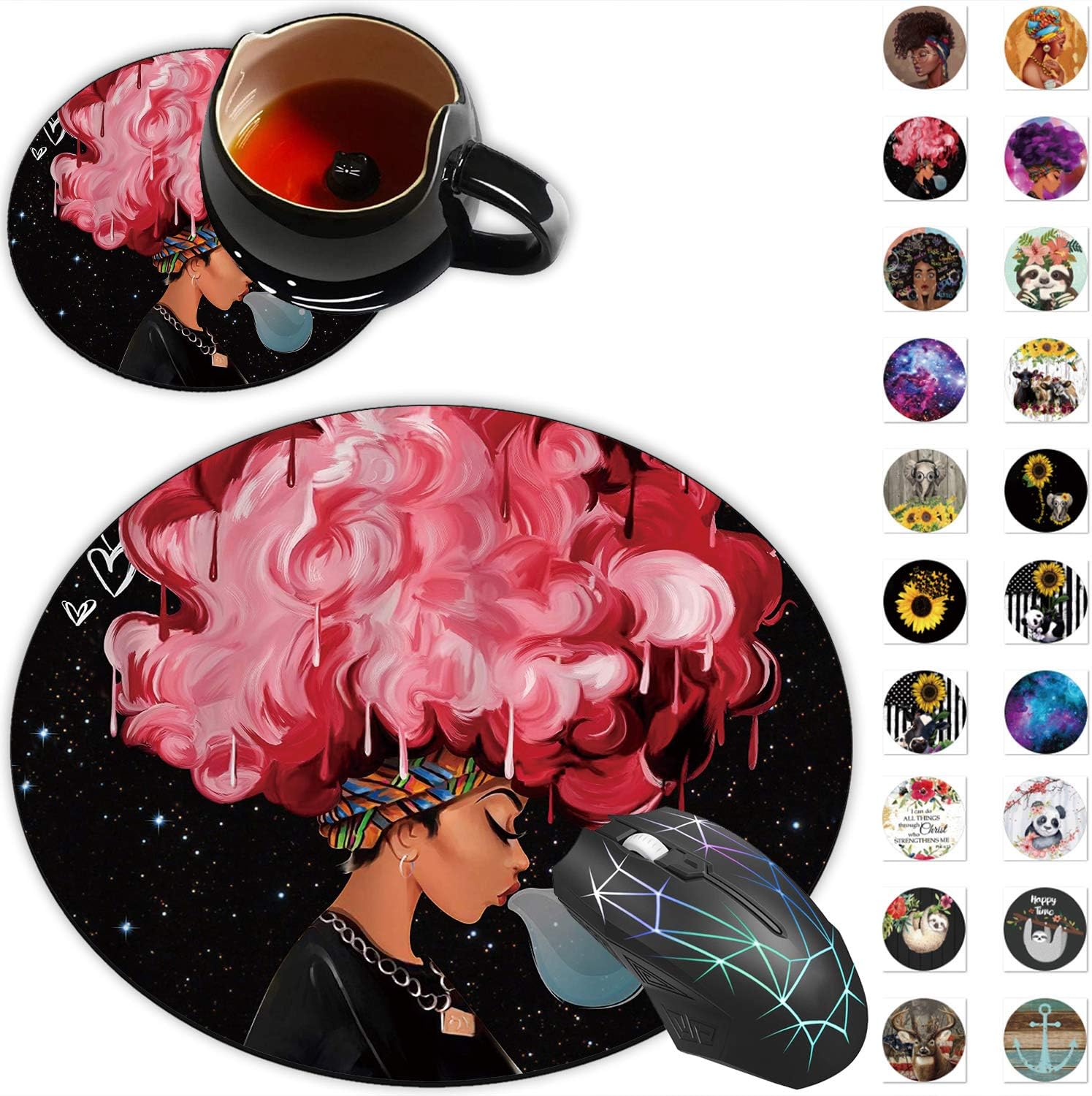 Round Mouse Pad, Cool Girl African American Woman Designs Non-Slip Rubber Base Gaming Mouse Pads and Coaster Set for Working Or Game, Desk Accessories, Cool Mouse Pad