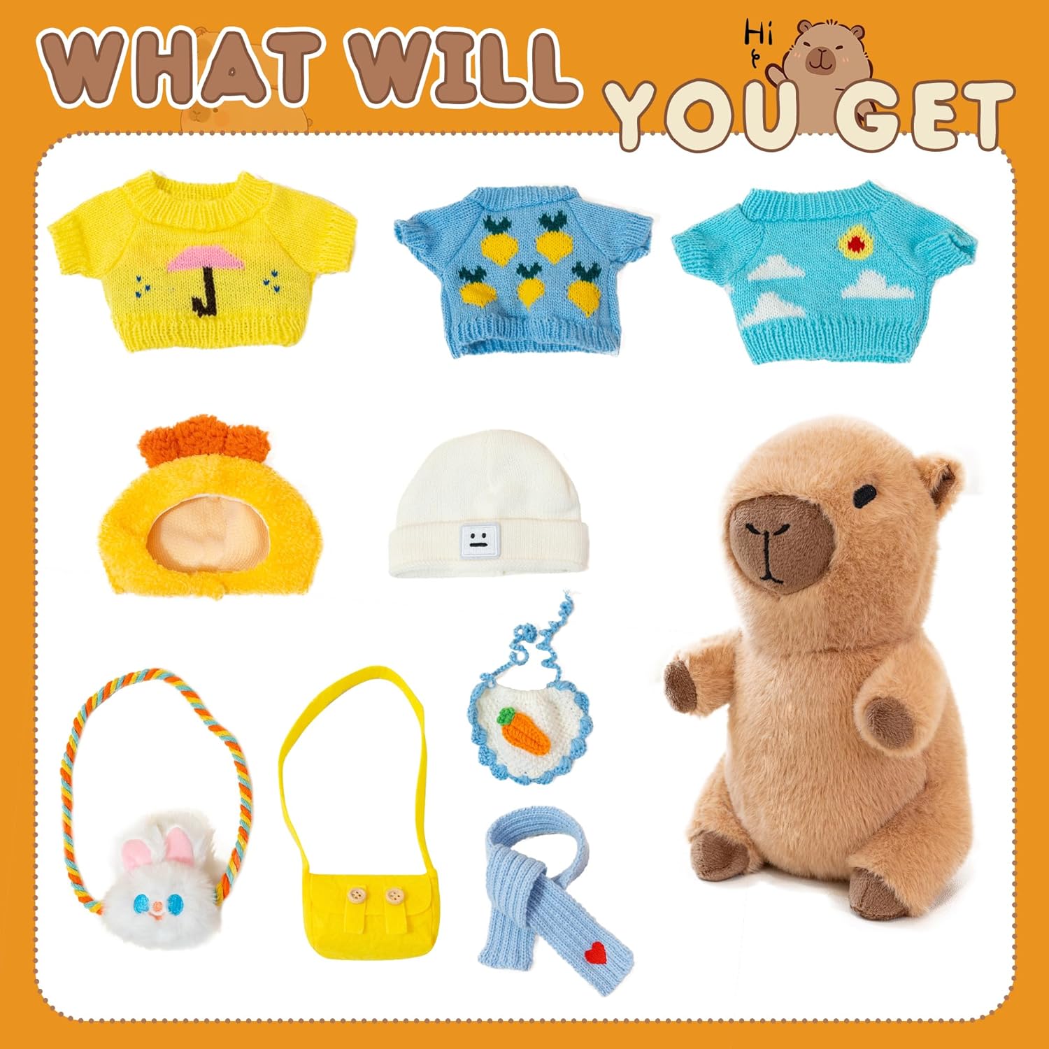 Capybara Plush for Boys Girls Birthday Dress Up Cute Plushies,10 Pcs Set,9 Clothes and Accessories Kawaii Stuffed Animal Plushie Toy, Soft Peluche Doll for Kids 10.2 in