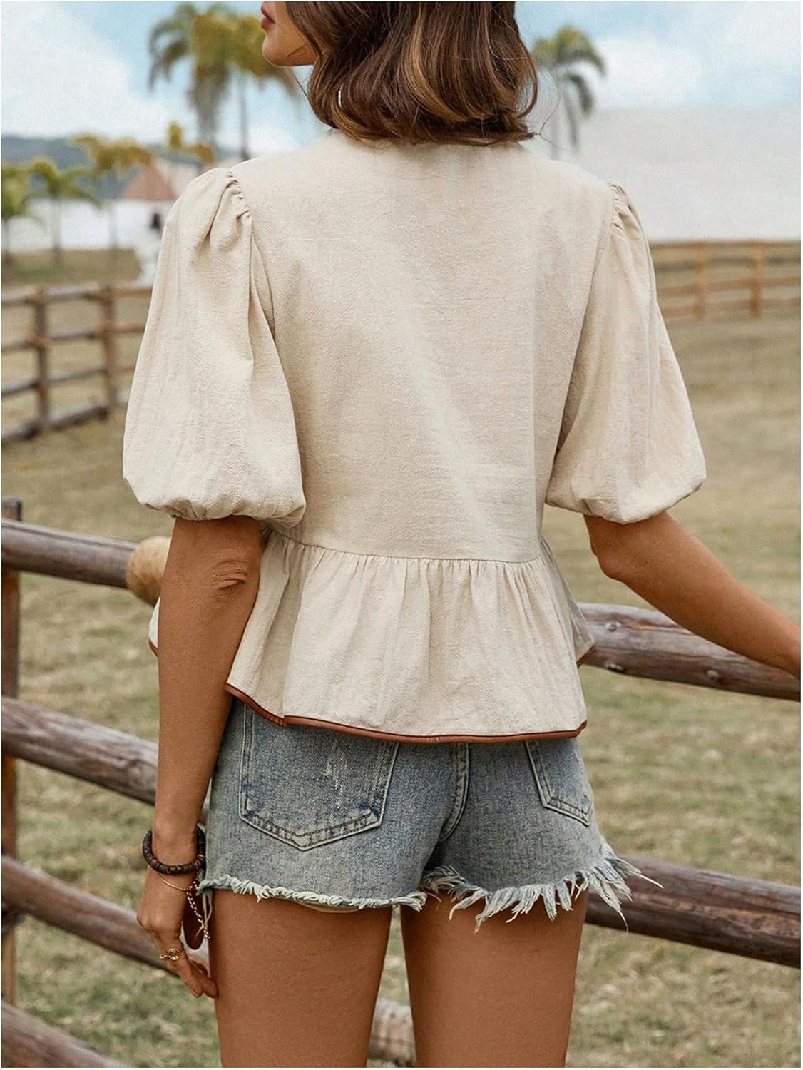 SOLY HUX Women's Bow Tie Front Tops Puff Short Sleeve Ruffle Hem Peplum Cute Blouse - Image 2