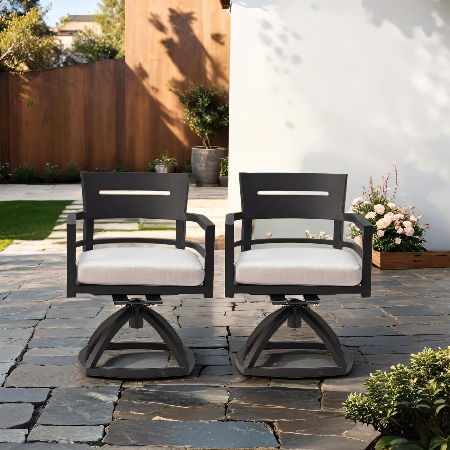 Outdoor Patio Dinning Swivel Chairs Rocker Set of 2, Cast Aluminum Swivel Rocker Patio Chairs Patio Swivel Dining Chairs Swivel Rocker Set with Cushion for Garden Backyard (Style 1-Black)