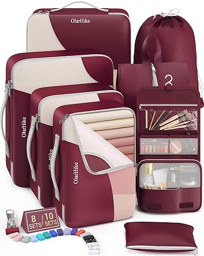 8 Set Packing Cubes for Travel, Gifts for Women Mom,Anti-Tearing Suitcase Organizer for Luggage with Shoe & Hanging Toiletry Bag,OlarHike Vacation Essentials & Accessories for Cruise Ship,Wine - 19 - Burdygen - 8 Set (For Carry-On/Medium)