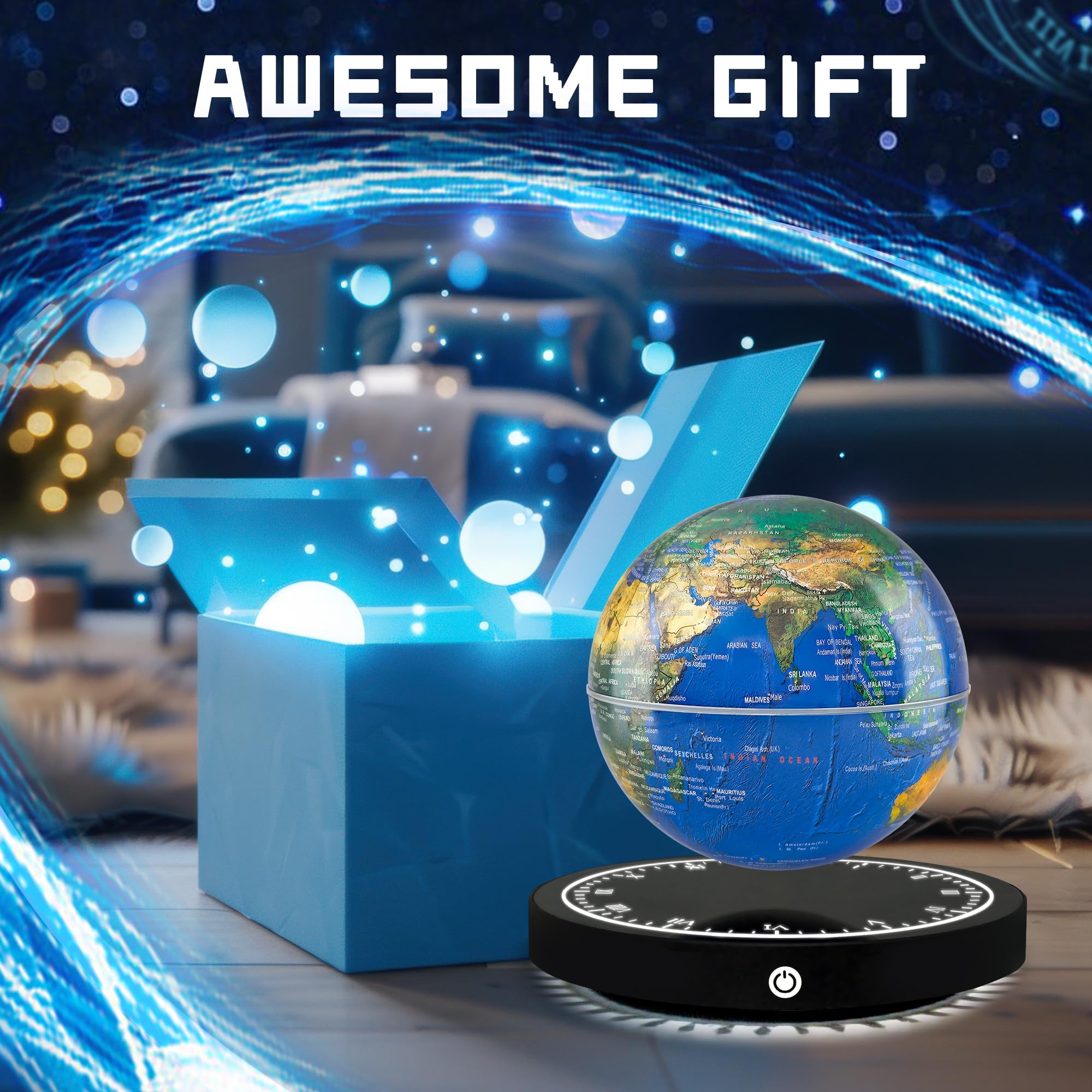 Globo flotante de levitación magnética con luces LED, lámpara de globo giratoria de 16 colores con base de reloj para decoración de escritorio de oficina en casa, accesorios tecnológicos 6