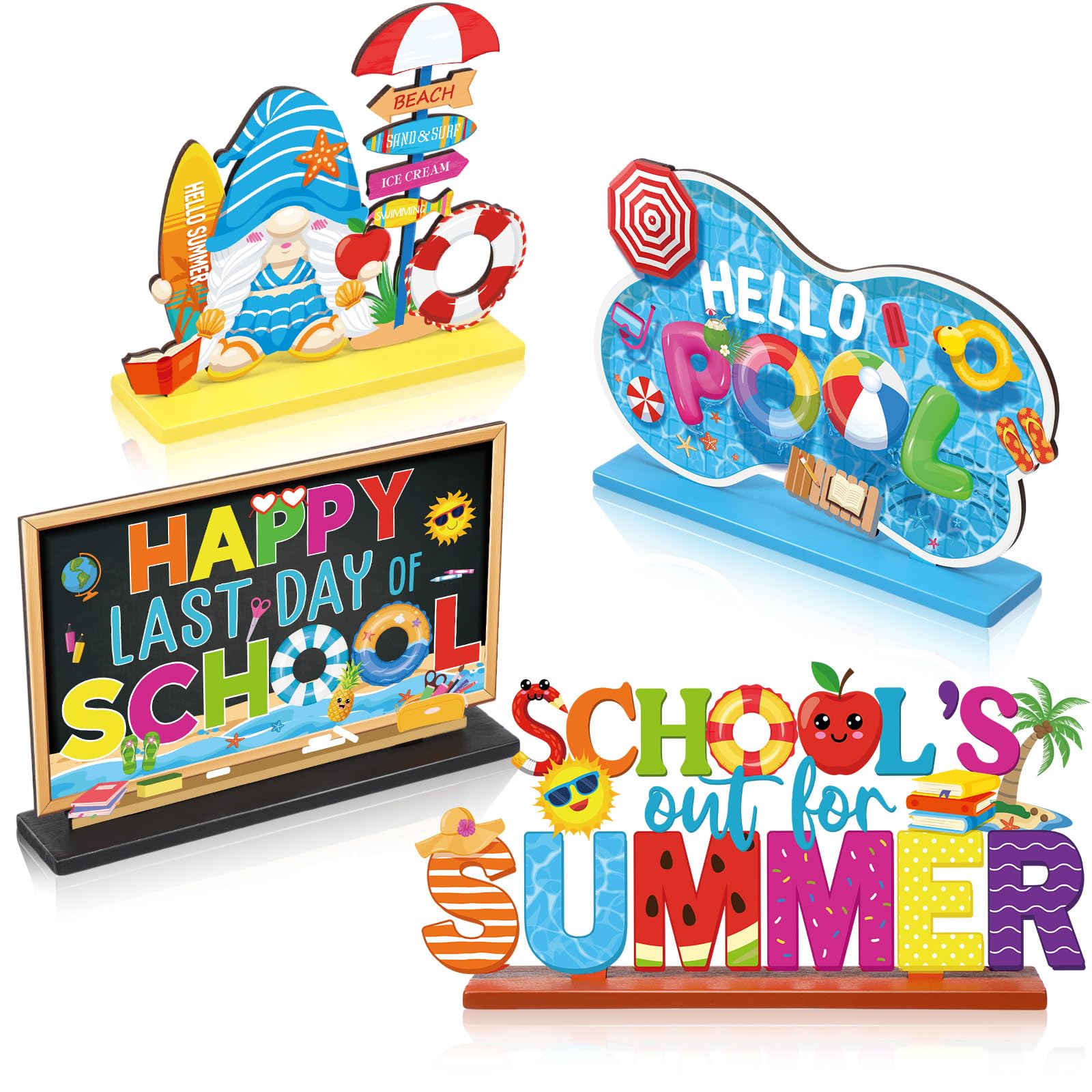 Blosssound 4 Pcs Summer Hello Pool Party Decorations Table Wooden Centerpieces Gnomes Beach Table Topper School's Out for Summer Wood Signs for Beach