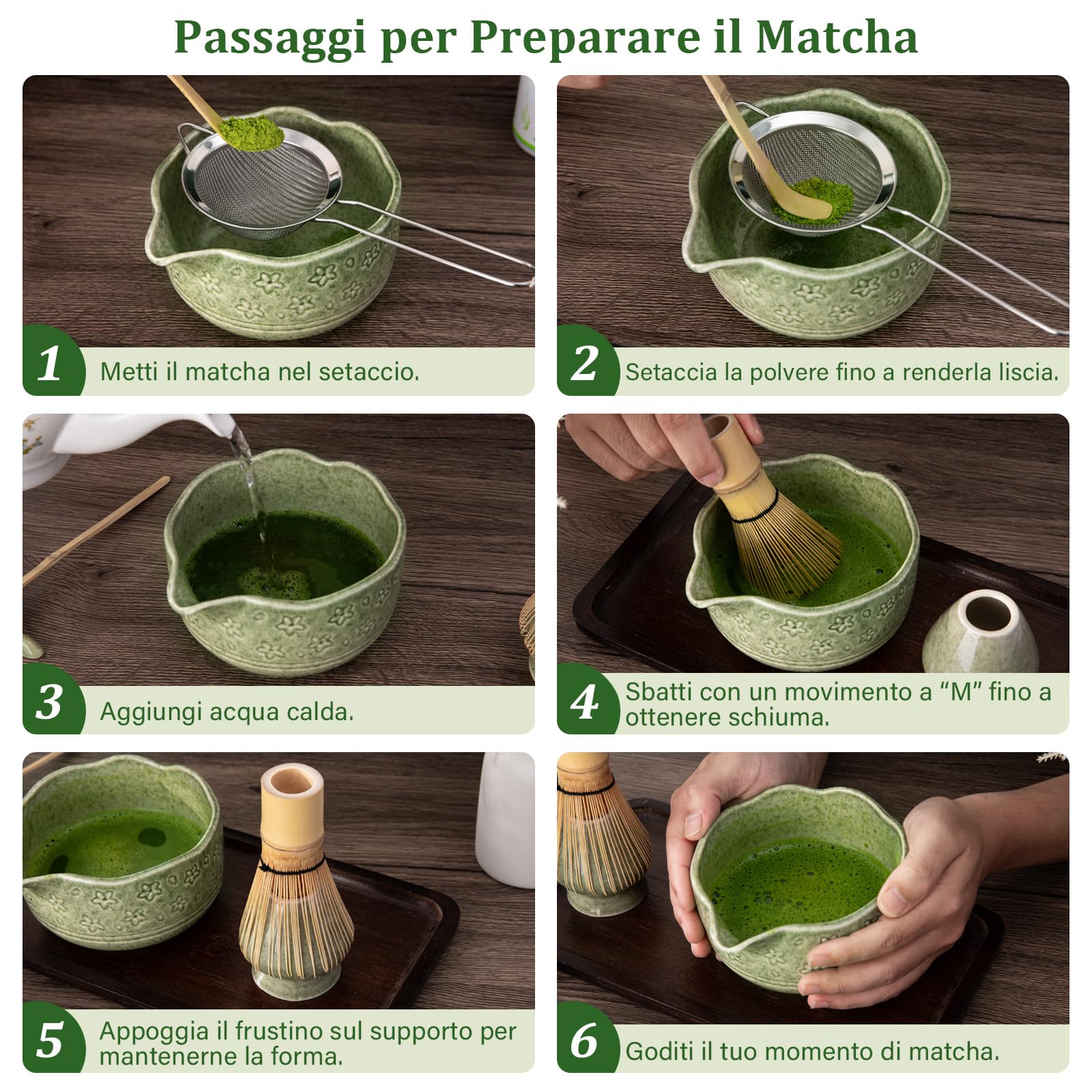 ALBISS Matcha Kit Set da 7 Pezzi in Ceramica Cerimoniale – Ciotola da 530 ml con Beccuccio e Design Sakura, Frusta in Bambù con Supporto, Elegante Set da Tè Giapponese per Amanti del Matcha, Verde