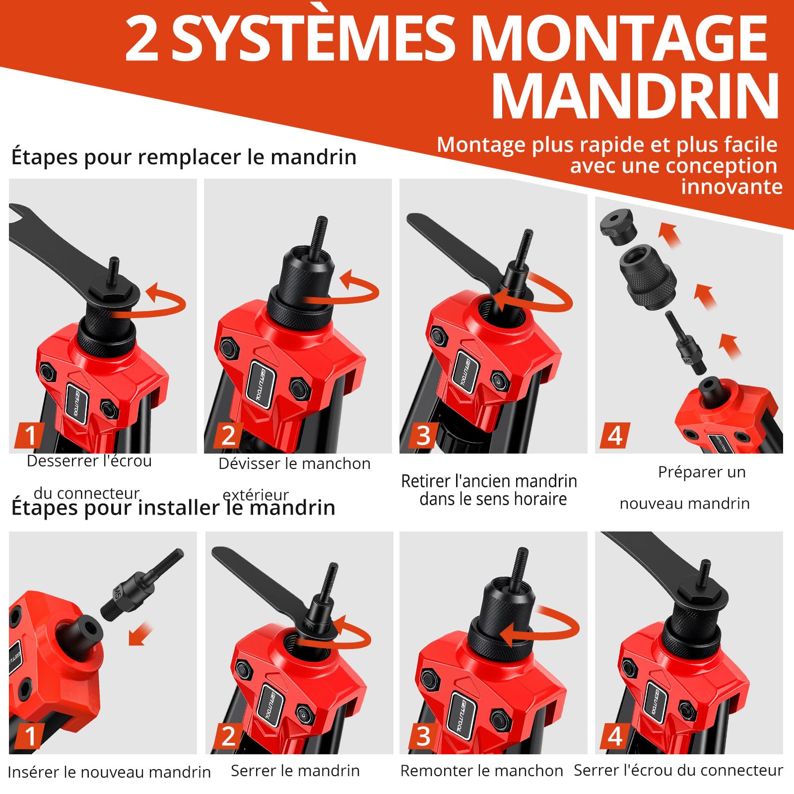 GETLITOOL Pince à Rivets Professionnelle Riveteuse Manuelle avec 7 PCS Mandrins M3 M4 M5 M6 M8 M10 M12，Pistolet à Riveter à Hôte Unique avec Étui de Transport pour Automobile,Meubles,Instruments