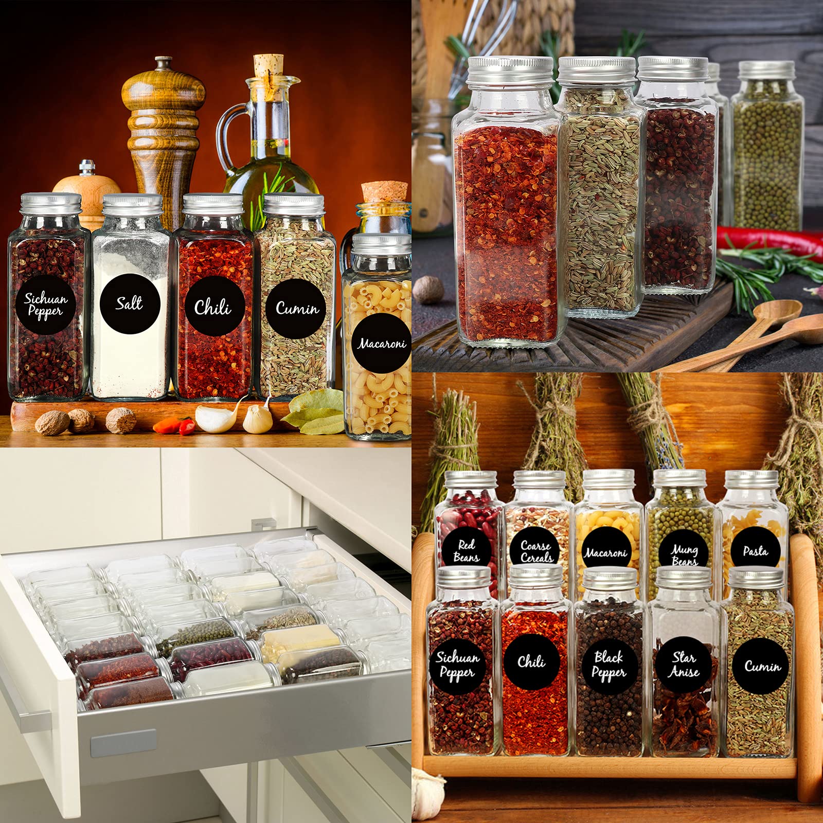 CycleMore 15 Pack 8oz Glass Spice Jars Bottles, Square Spice Containers