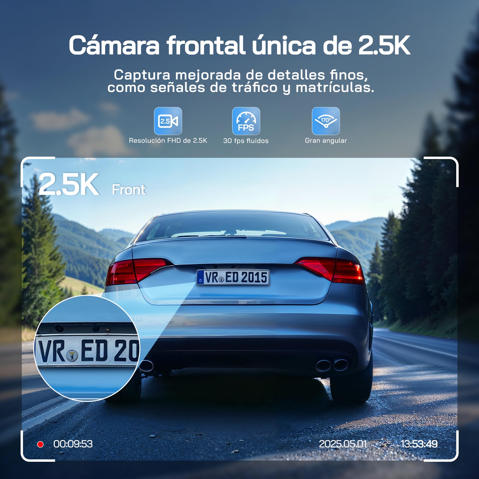 WOLFANG Cámara de Coche 2.5K FHD, Dashcam de Doble Lente para Coches de 170º Gran Angular Monitor de Aparcamiento 24H con Grabación en Bucle y Sensor G