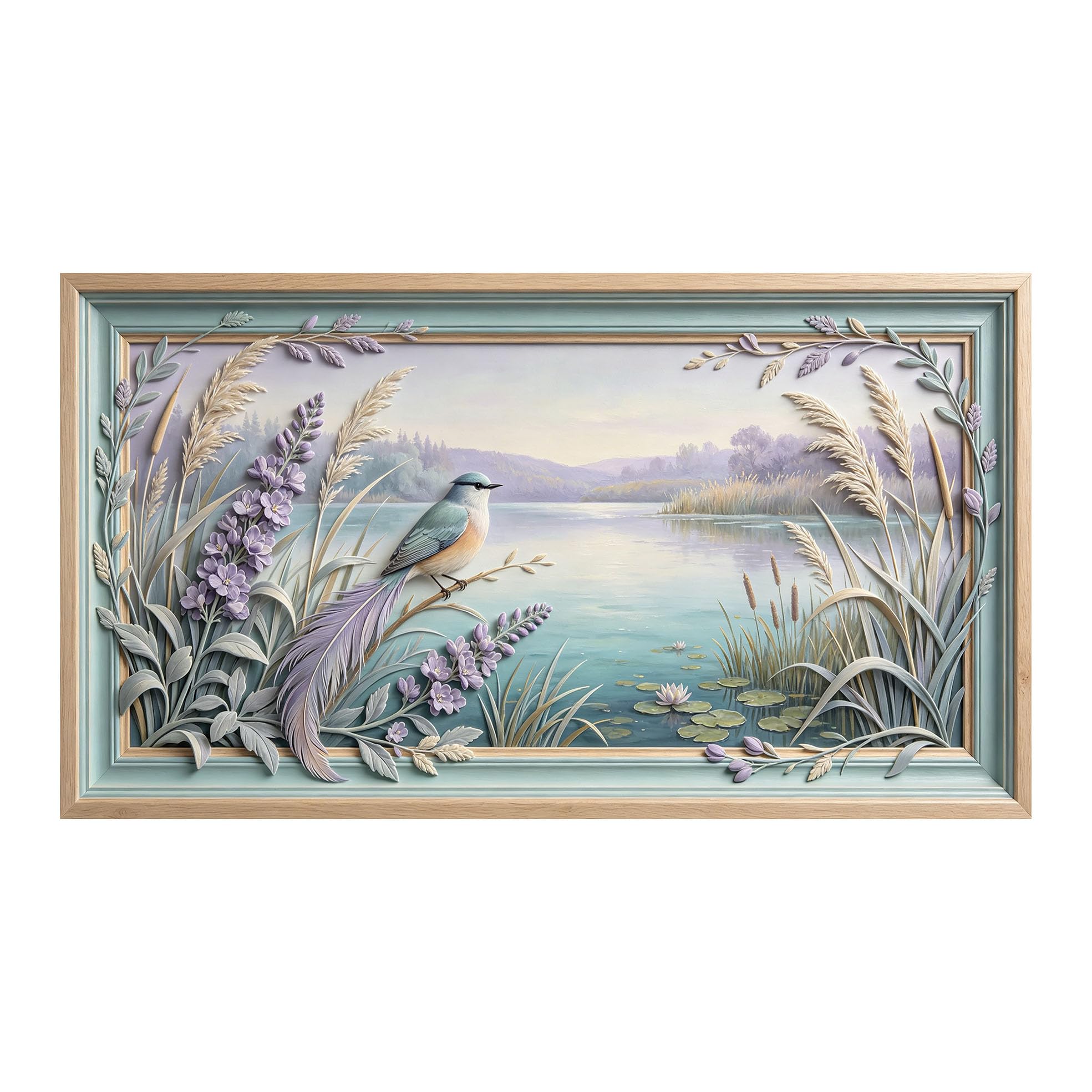 Yzpallescene 3D 3D Framed Wall Art 50cm×90cm Lake Landscape Bird Floral Pastoral Watercolor Large Size SelfAdhesive Removable Wall Decor Prints Artwork for Living Room Bedroom Office