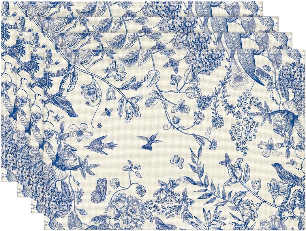 Artoid Mode Hydrangea Flowers Branches Chinoiserie Spring Placemats Set of 4, 12x18 Inch Table Mats for Party Kitchen Dining Decoration