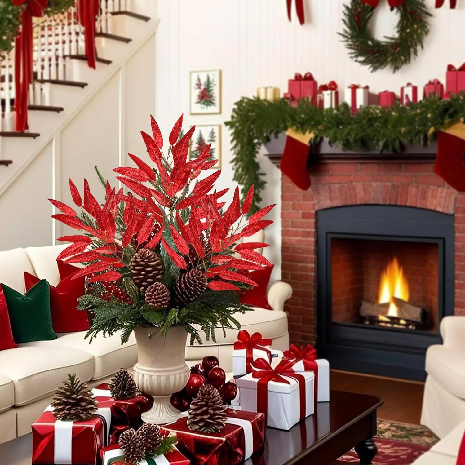 DILATATA 33.5 Red Leaves for Christmas Tree, Glitter Christmas Leaf Stems, Non-Shedding Shiny Sequin Fabric Christmas Picks for Wreath, Centerpiece Decor