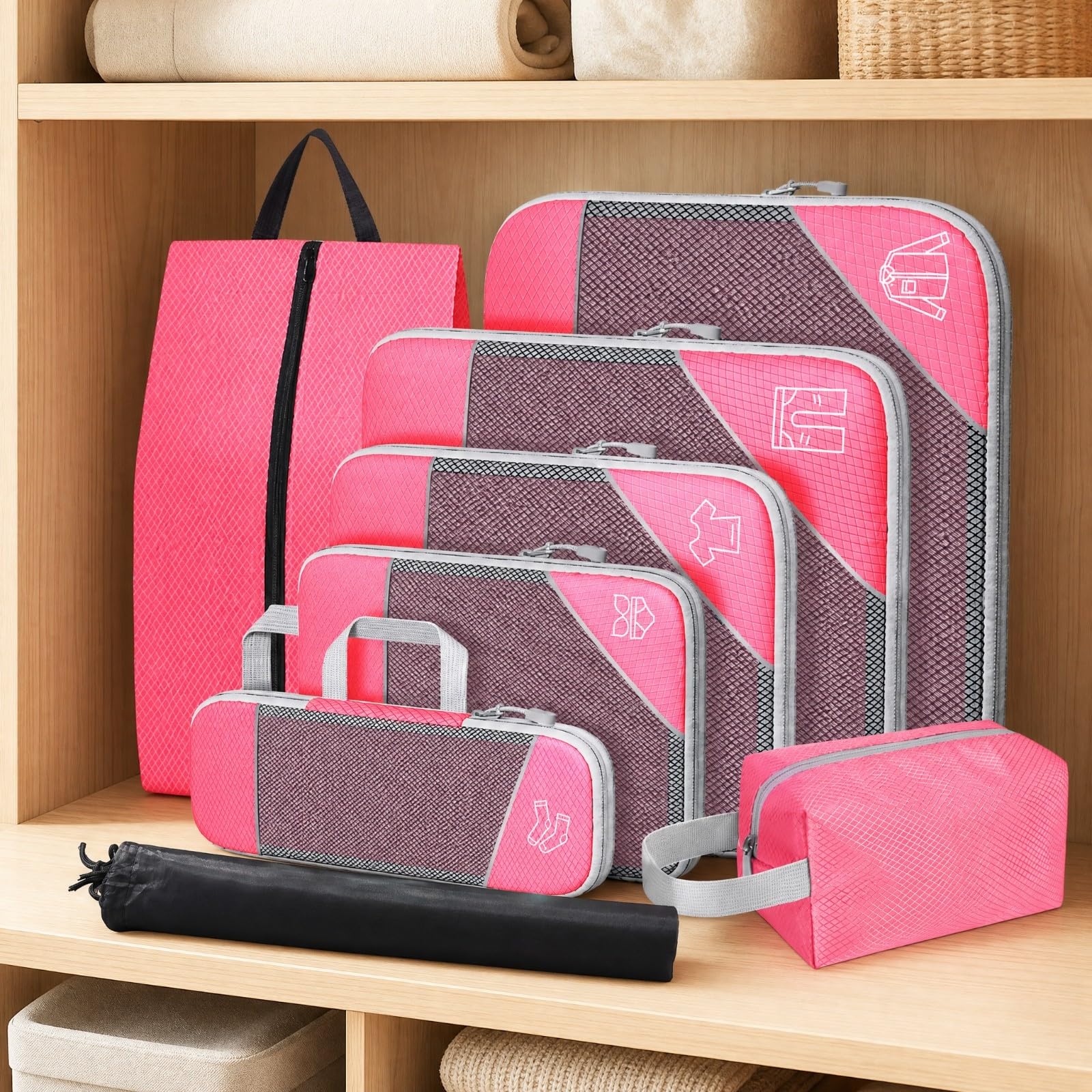 8 è Organiteur Valise En Nylon Pratique Kit Rangement Déplacement Compartimen à Fmure Éclair Compact pr, Bleu Ciel