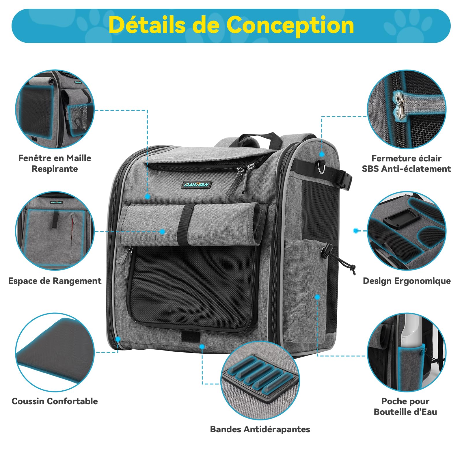 Panier Vélo Avant pour Chiens Chats jusqu'à 10KG avec L Support Φ8cm, Pliable 4 en 1 Sac à Dos, Sac Bandoulière, Siège Auto avec Coussin Confort, Fenêtres Filet, Bandes Réfléchissantes