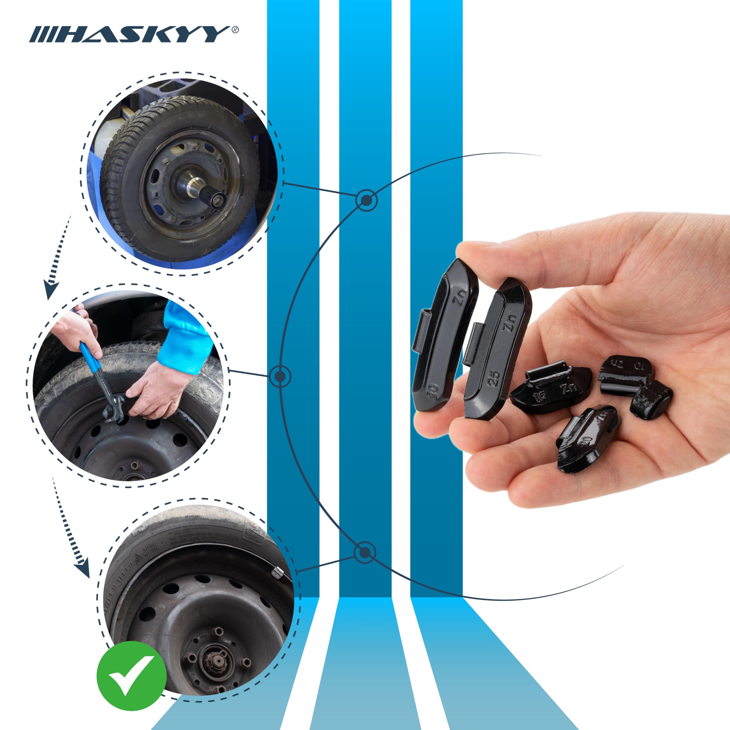 HASKYY Contrapesos de percusión, contrapesos de equilibrio, surtido de 225 unidades de 5-30 g para llantas de acero, negro