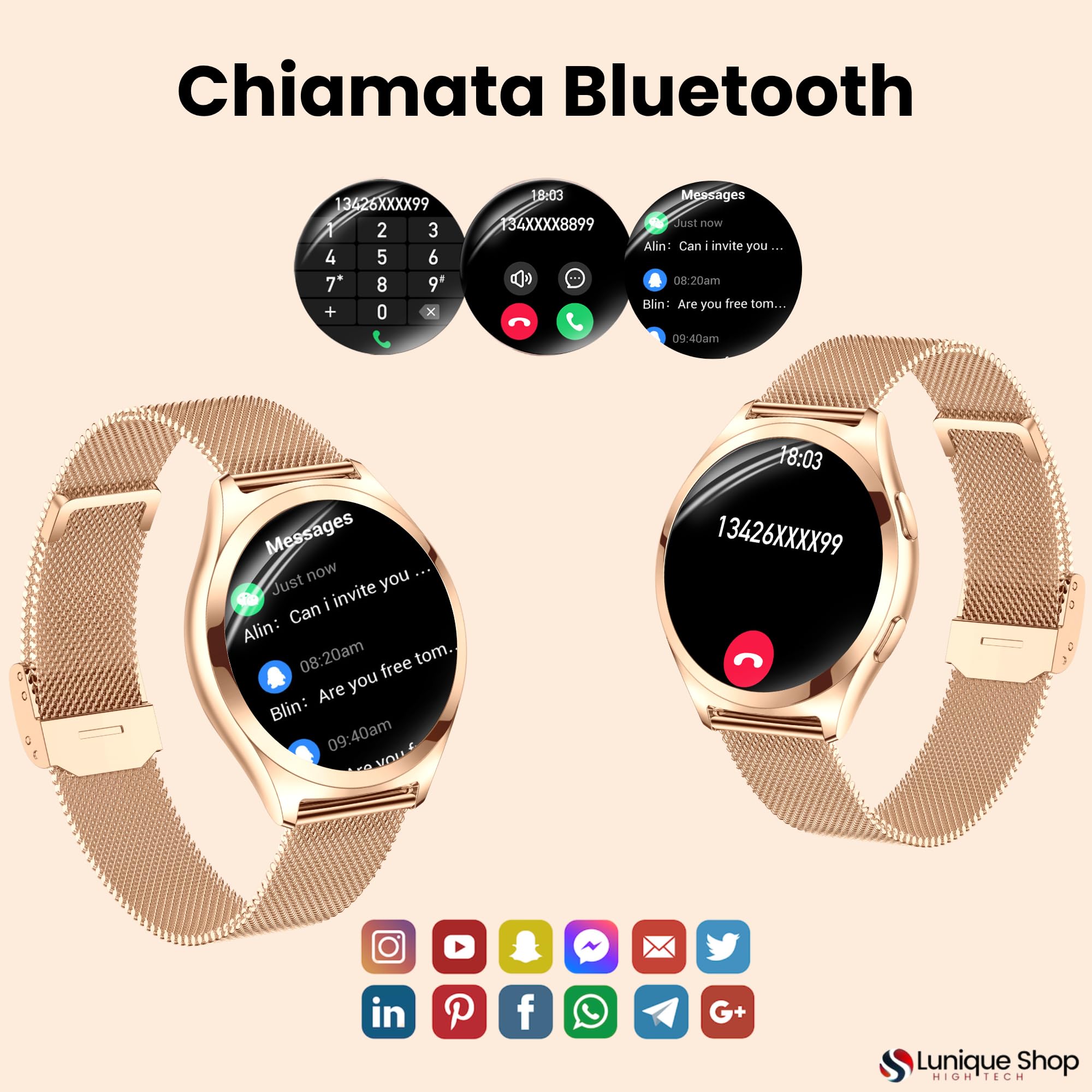 Orologio da donna con chiamate 1.6" – Smartwatch inteligente Oxygene Sanguin Tensione Cardiofrequenzimetro Passi Sonno Meteo Fisiologia Femminile iOS Android LSWATCH