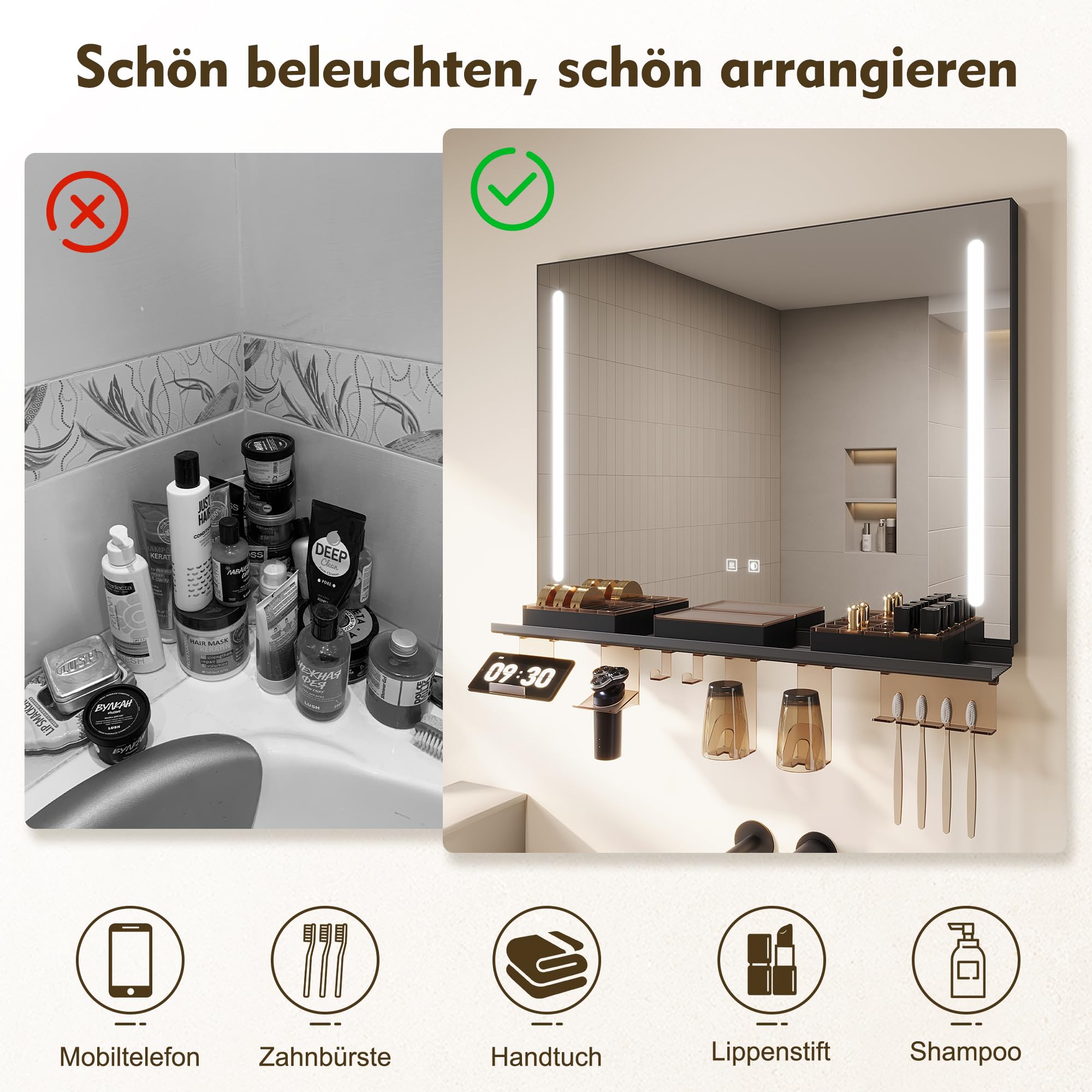 Sonni Espejo de baño con luces de 80 x 60 cm, espejo LED de baño con espacio de almacenamiento de 80 cm, 3 colores de luz ajustables, espejo de pared sin niebla con interruptor táctil