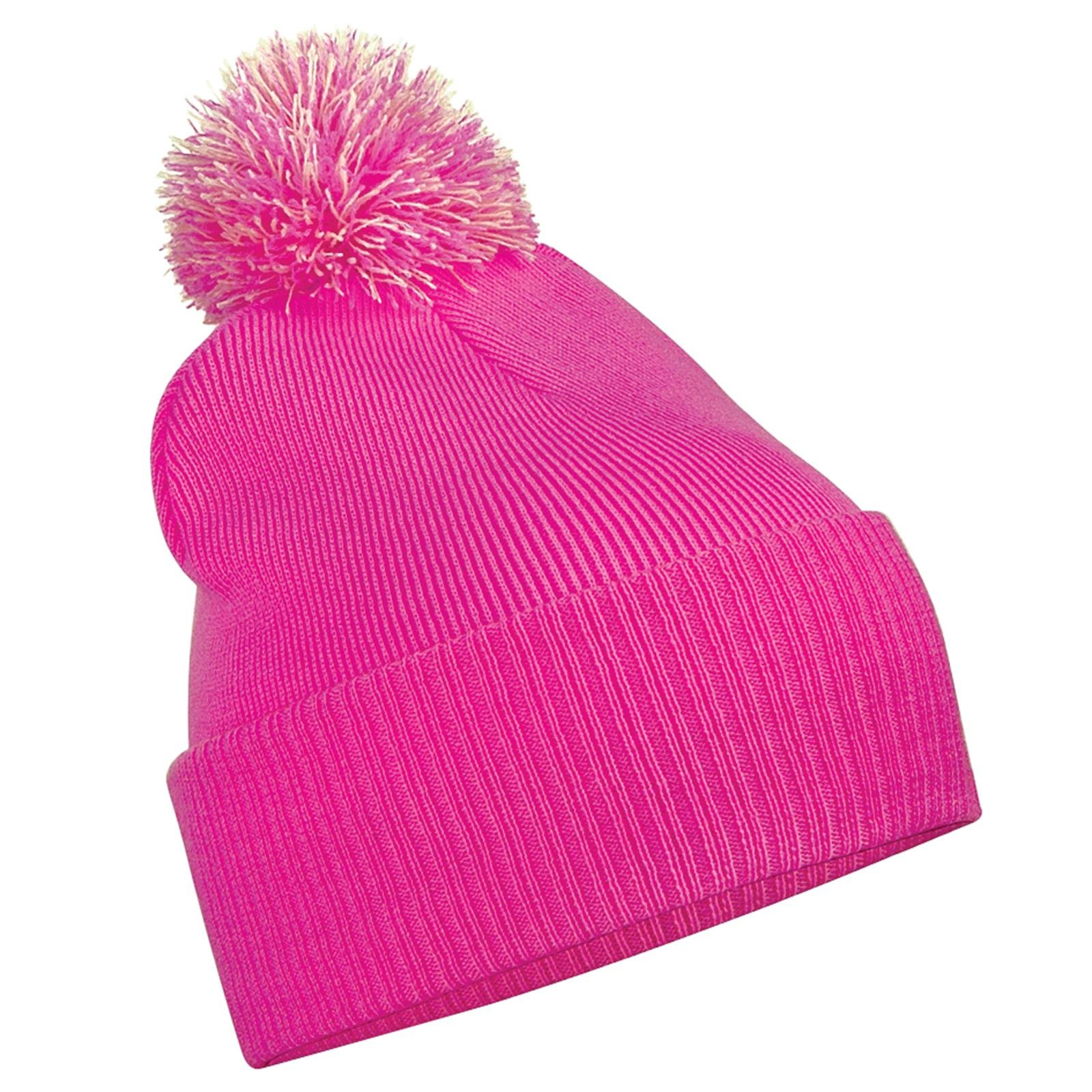 Unisex Beechfield Snowstar Duo Winter Knit Beanie Bobble Hat Fuchsia/Off White One Size