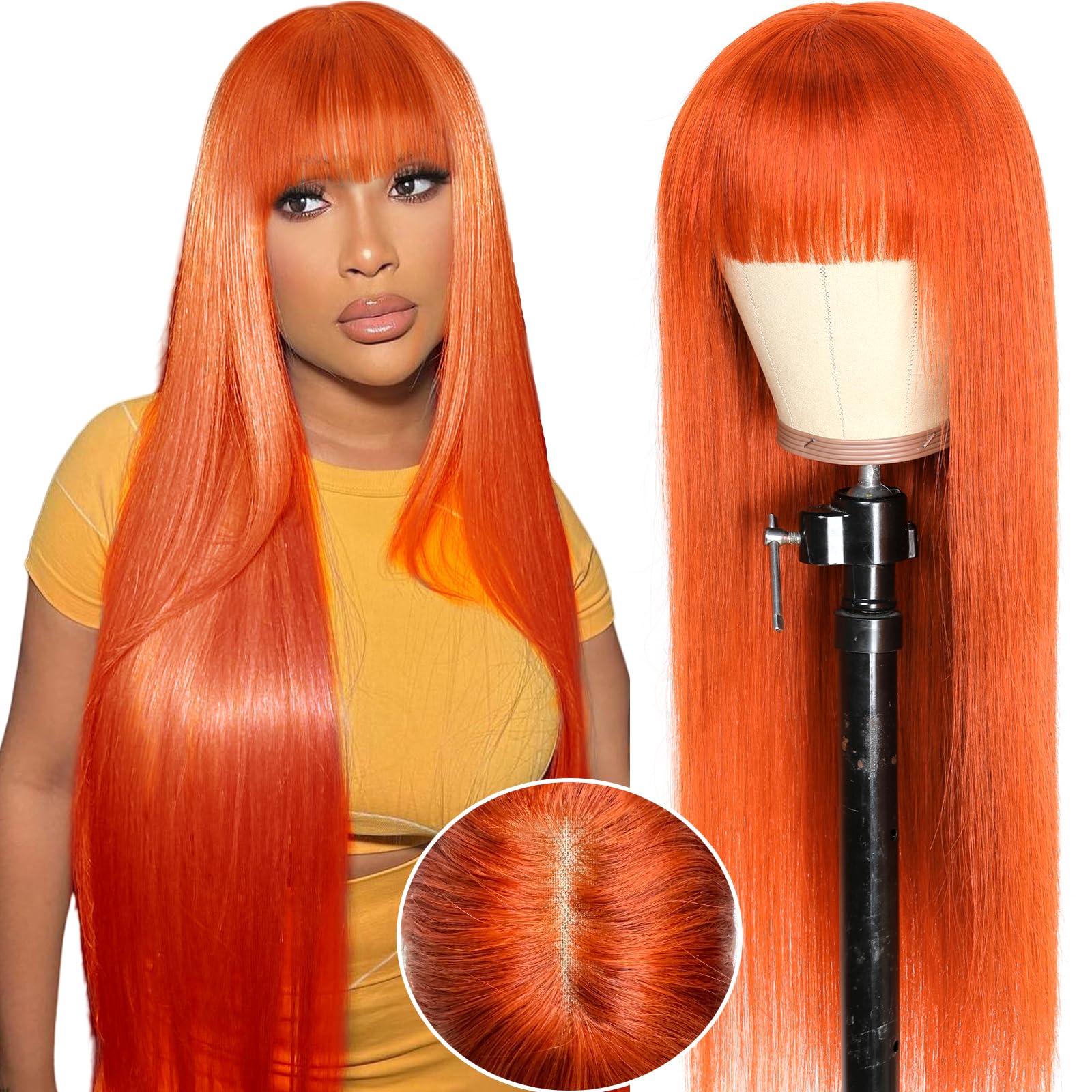 Ruiyu Ginger Orange Wig with Bangs Human Hair 2x4 HD Lace Closure Straight Wigs 100% Brazilian Human Hair with Bangs Colored 350# Ready to Wear and Go