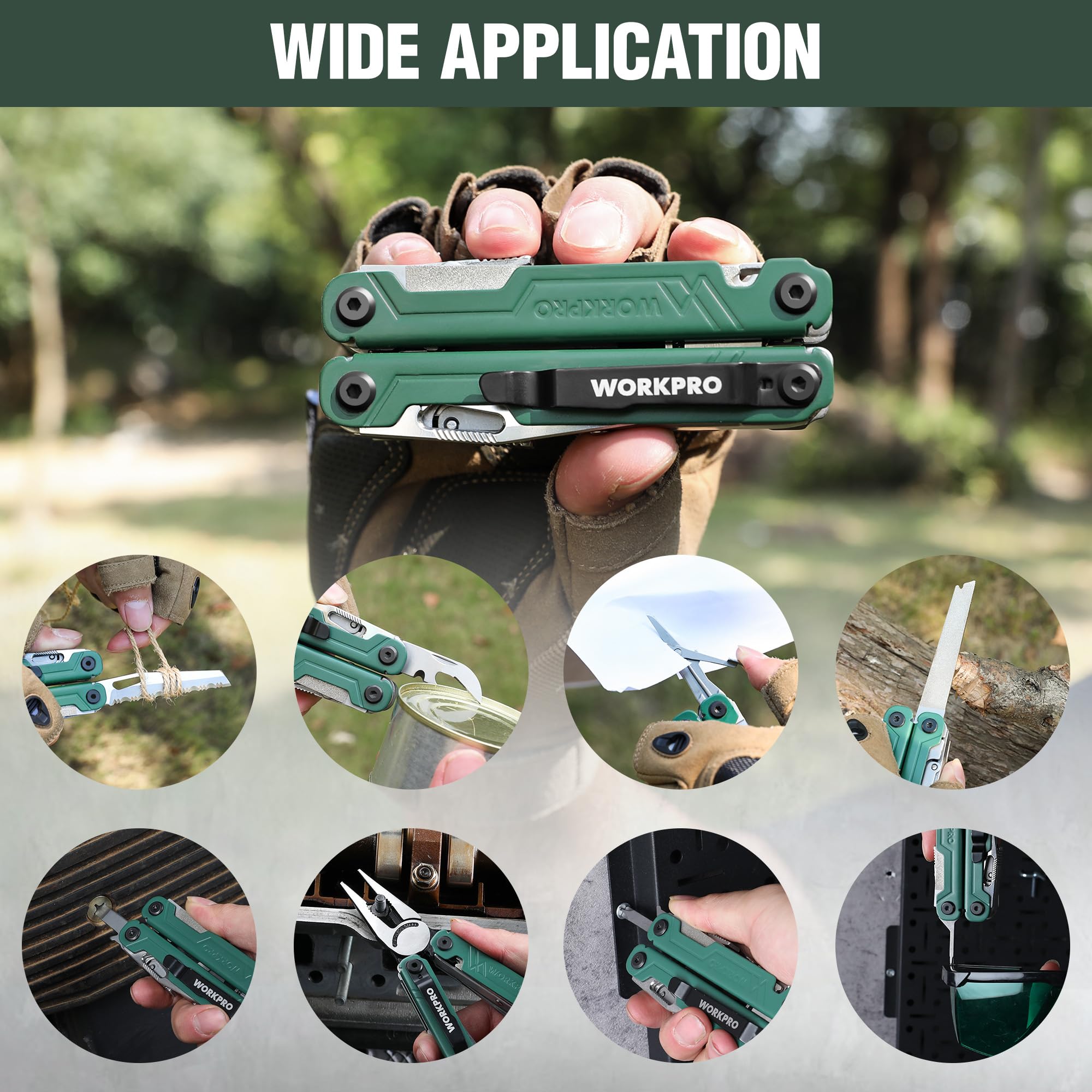 WORKPRO Pinza Multifunzione, Pinza Multiuso 18 in 1 con Borsa, Strumento Multifunzionale Pieghevole in Acciaio Inossidabile con Pinza Lima per Cacciavite per Campeggio, Verde
