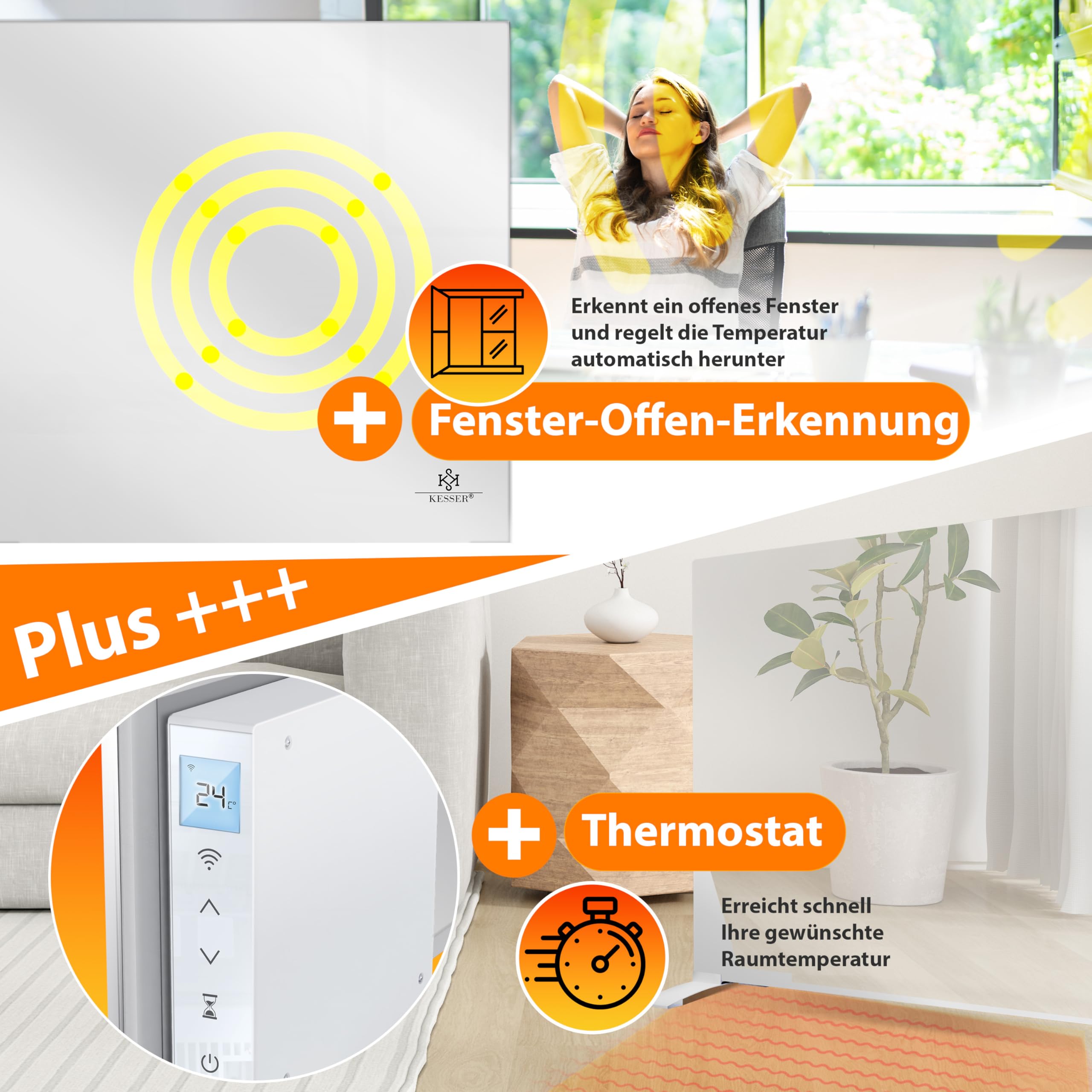 KESSER® Riscaldamento a infrarossi, 600 W, a risparmio energetico, 2 in 1 e montaggio a parete, rilevazione finestra aperta, telecomando
